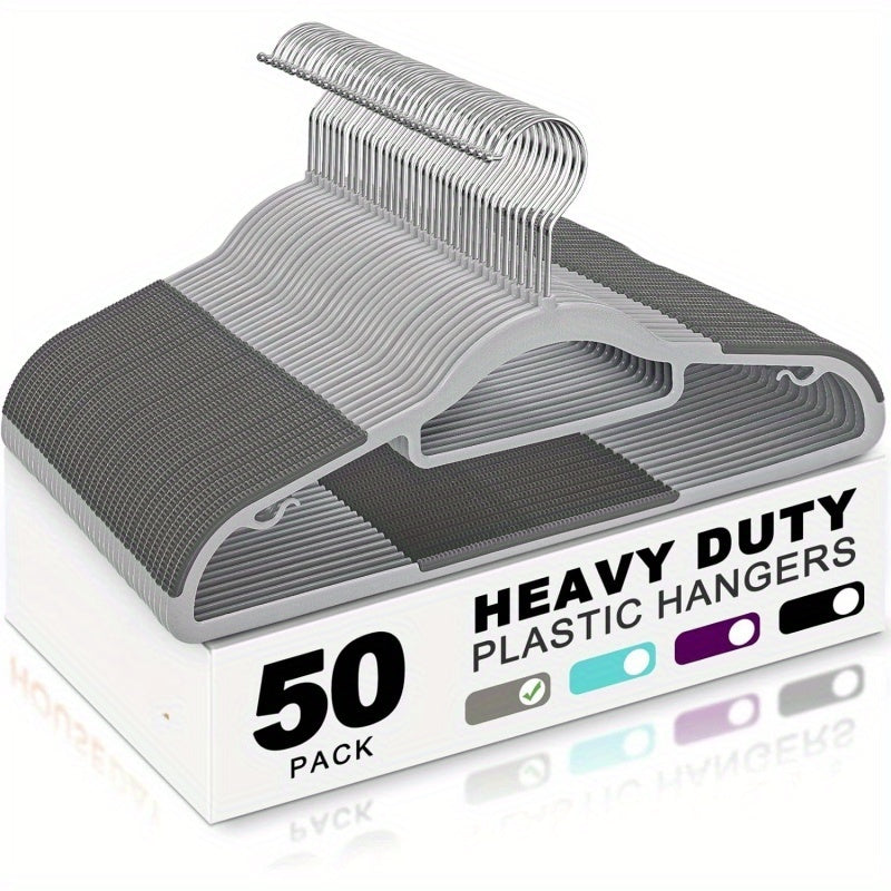 50 Pack Heavy-Duty Plastic Hangers with Non-Slip Grips, Durable Space-Saving Closet Organizers for Shirts, Pants, Dresses & Coats - Grey & Purple, Clothes Hangers, Garment Storage, Sleek Design, Longlasting Material, Busy Pro