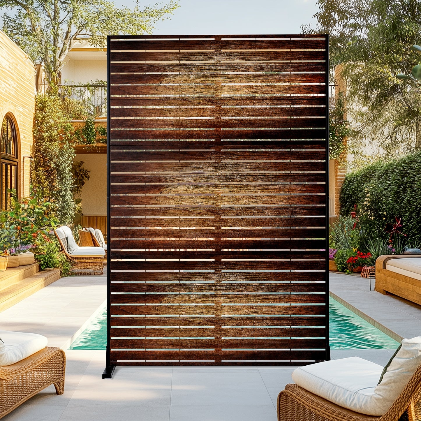 Natural Wood-Look Metal Privacy Screen, 4ft x 6ft - Freestanding Outdoor Fence with Bracket for Patio, Balcony, Backyard & Garden, Decorative Privacy Screen Panel, Metal Outdoor, 4ft W X 6ft H
