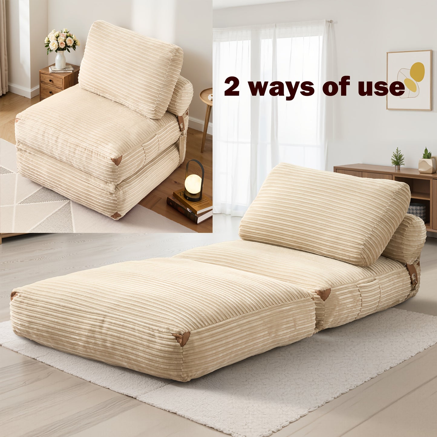 36", 83" Sleeper Couch No Assembly Required, Corduroy Convertible Chair Bed/ Single Folding Sofa Bed With Pillow, Space-Saving Sleeper For Small Bedrooms, Versatile Seating/Minimalist Interior Decor/Upholstery (Use Against Th