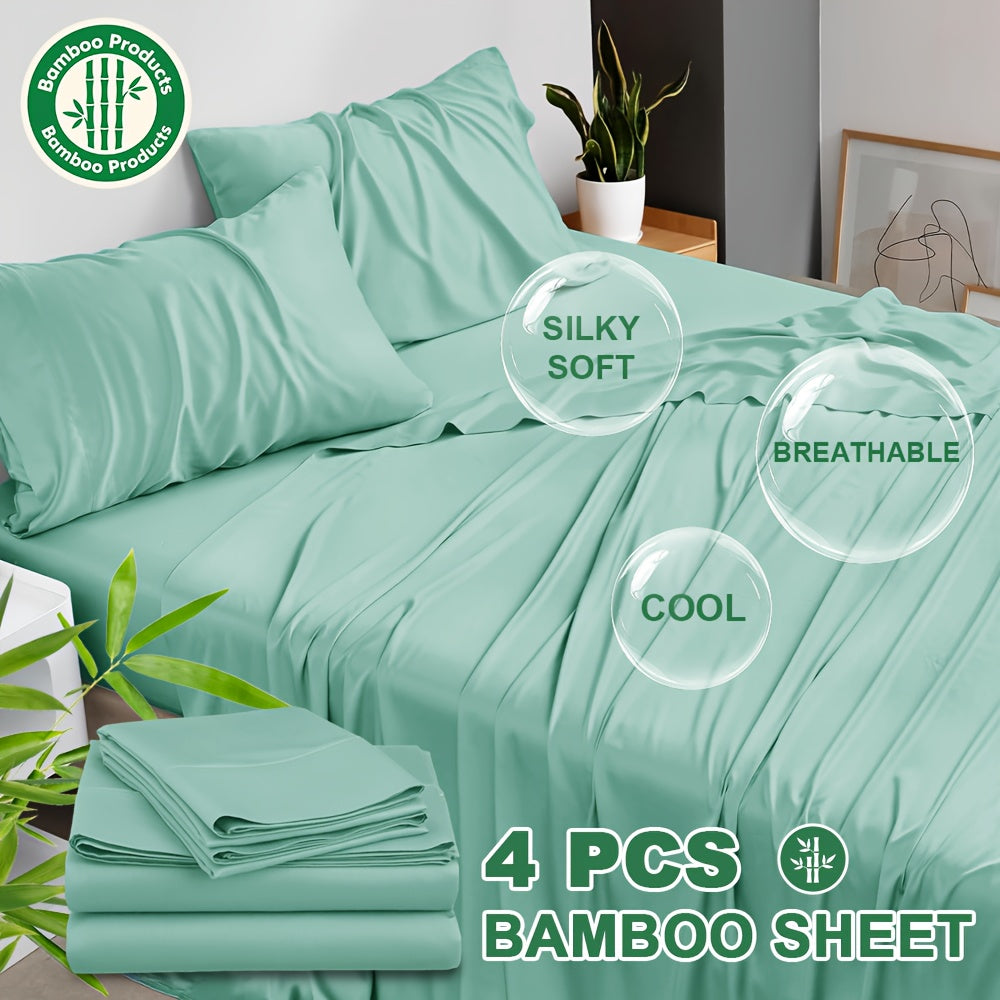 4pcs Cooling Bamboo Blend Bed Sheet Set, Deep Pocket 20" Bed Sheet, Creating A Five Star Hotel Like Luxurious Experience, Deep Pockets (Up To 20"), Wrinkle, Fade, Fitted Sheet+Flat Sheet+Pillowcase