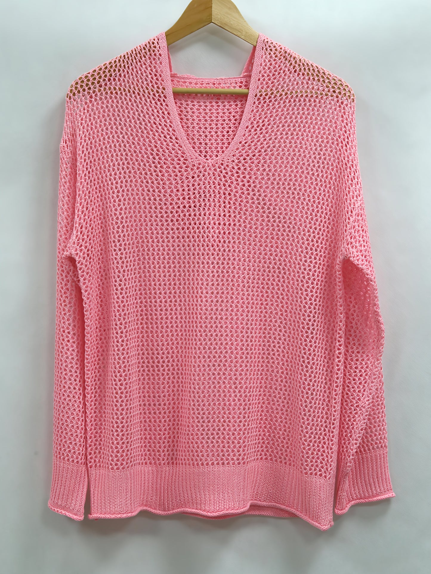 Women's Lightweight Hooded Sweater - Semi-Sheer V-Neck Openwork Design, Loose Fit Cover-Up, Casual Long Sleeve All-Season Layering Top, Summer Wardrobe Essential