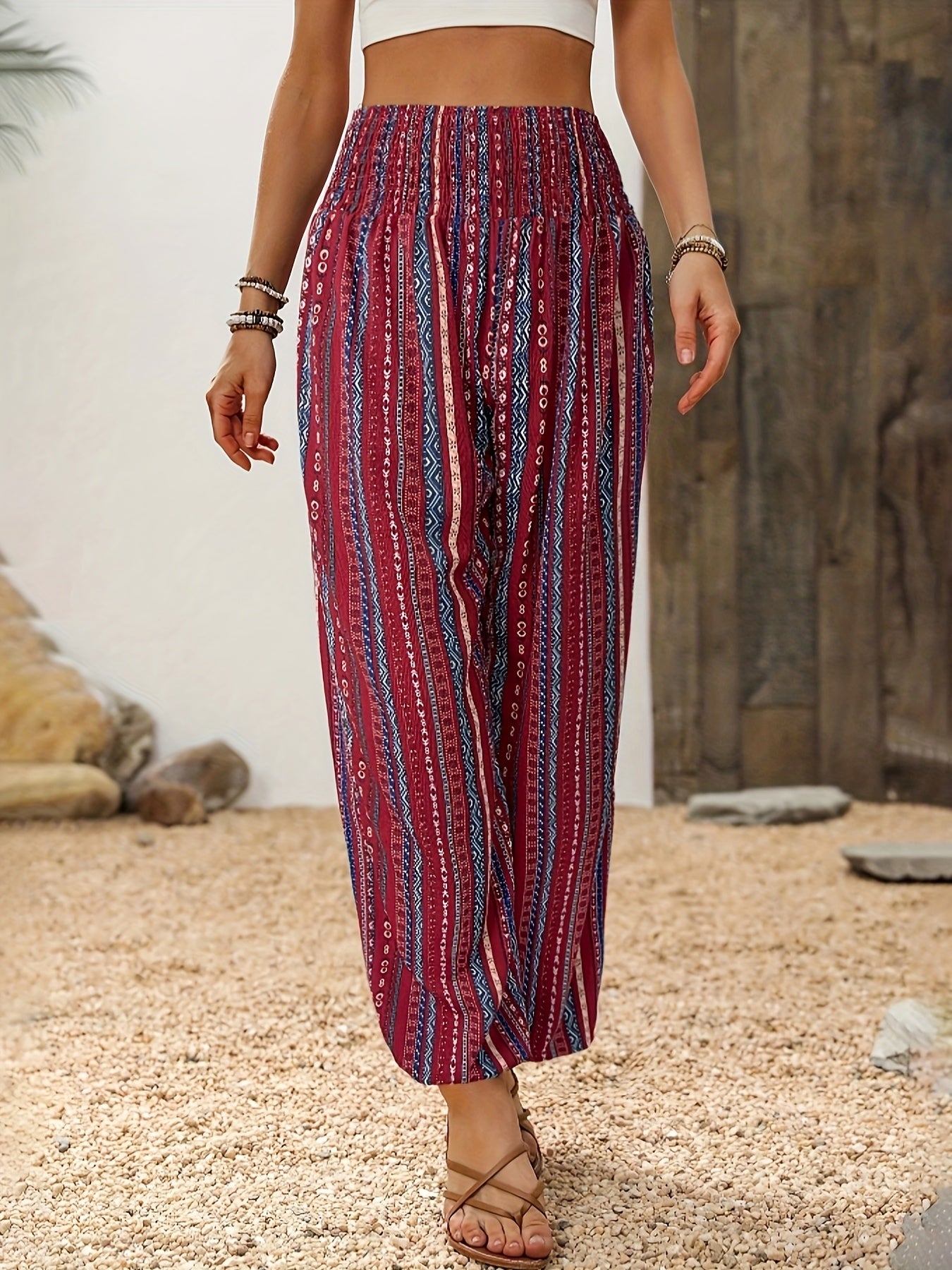 Women's Bohemian Ethnic Print High-Waisted Wide-Leg Pants - Elastic Waist Tassel Hem Lightweight Loose-Fit Trousers for Spring Summer Fall, Casual Outdoor Festivals & Beach Outings, Vacation Clothing, Loose Fit, Flowy Silhoue