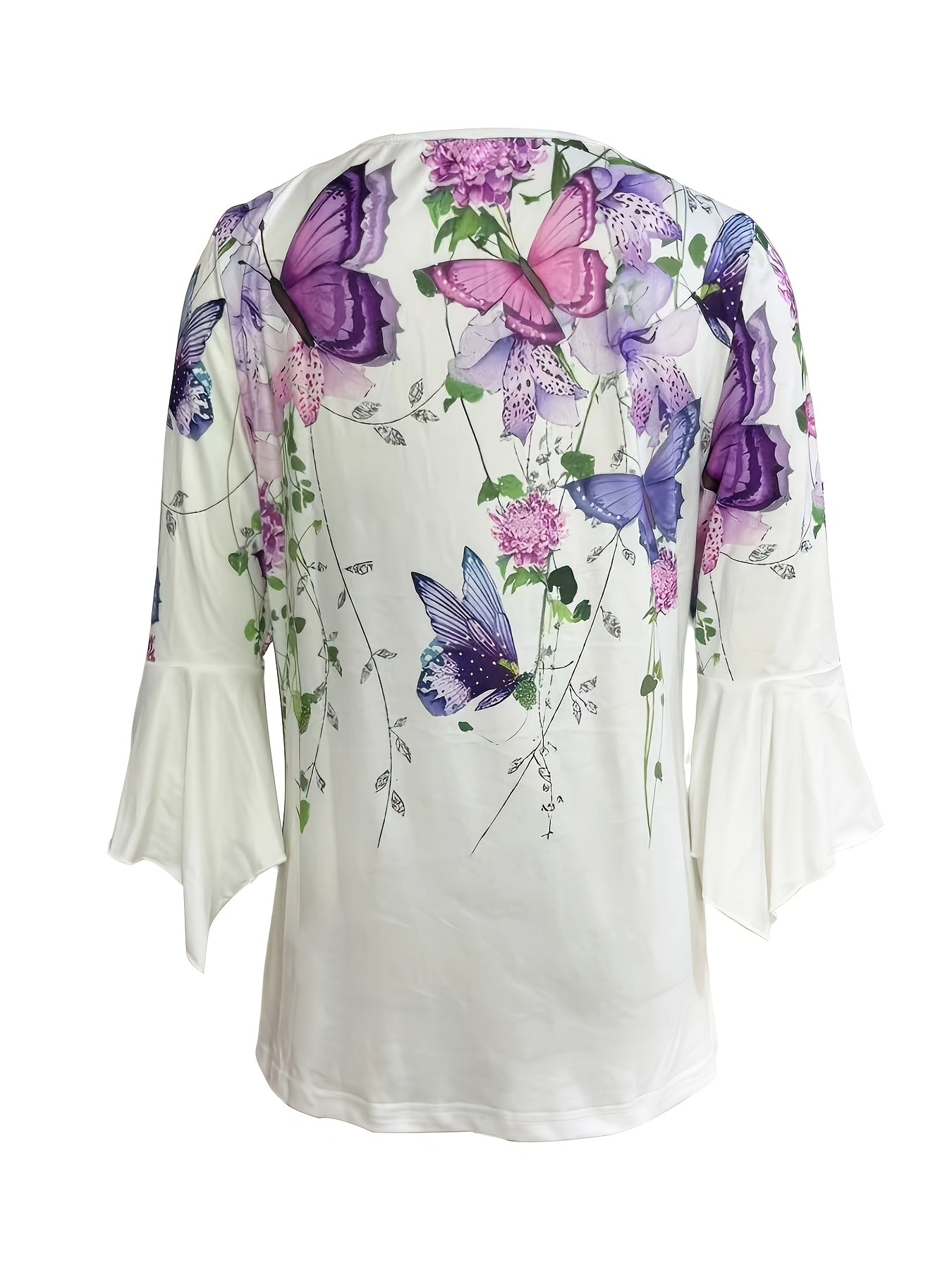 Saint-Simons Women's Floral Butterfly Print V-Neck Blouse - 3/4 Sleeve Stretchy Casual Shirt, Lightweight Breathable Machine-Washable Top for Spring Summer Fall, White Green Purple