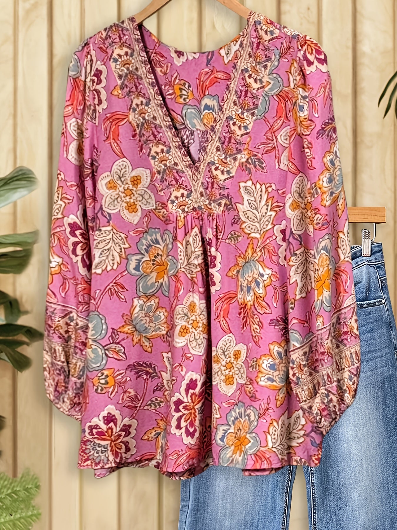 Boho Floral Print V-Neck Blouse For Women - Long Sleeve Lightweight Tunic Top With Embroidered Details - Loose Fit Casual Shirt For Spring & Summer, Perfect With Jeans Or Shorts