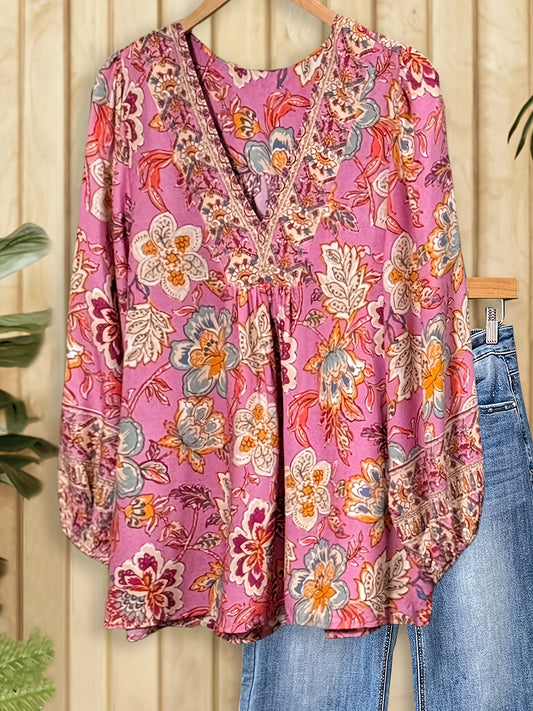 Boho Floral Print V-Neck Blouse For Women - Long Sleeve Lightweight Tunic Top With Embroidered Details - Loose Fit Casual Shirt For Spring & Summer, Perfect With Jeans Or Shorts