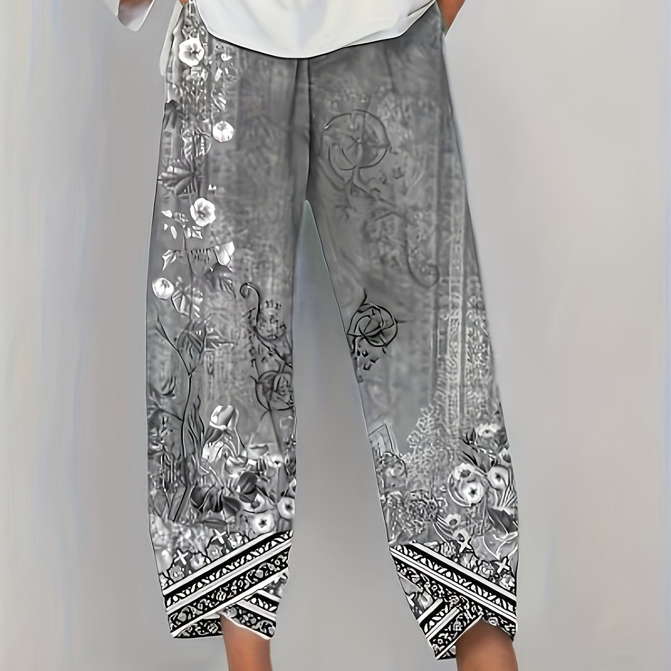 Women'S Retro Floral Capri Pants with Elastic Waistband & Pockets - Loose Fit Fabric, Beige with Black Floral Design, Perfect for Spring/Summer/Fall, Casual Wear Pants | Relaxed Fit Pants | Construction, Ladies Pants