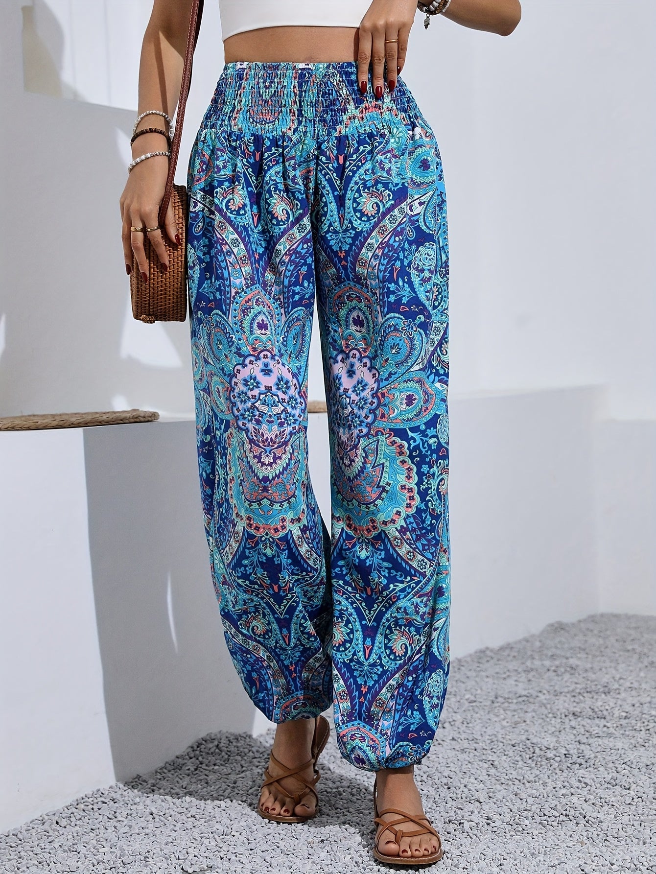 [Vibrant Print] Women's Elegant Paisley Print Harem Pants | High-Waisted, Loose Fit | Polyester Blend | Machine Washable | Casual Wear | All-Season | Elegant