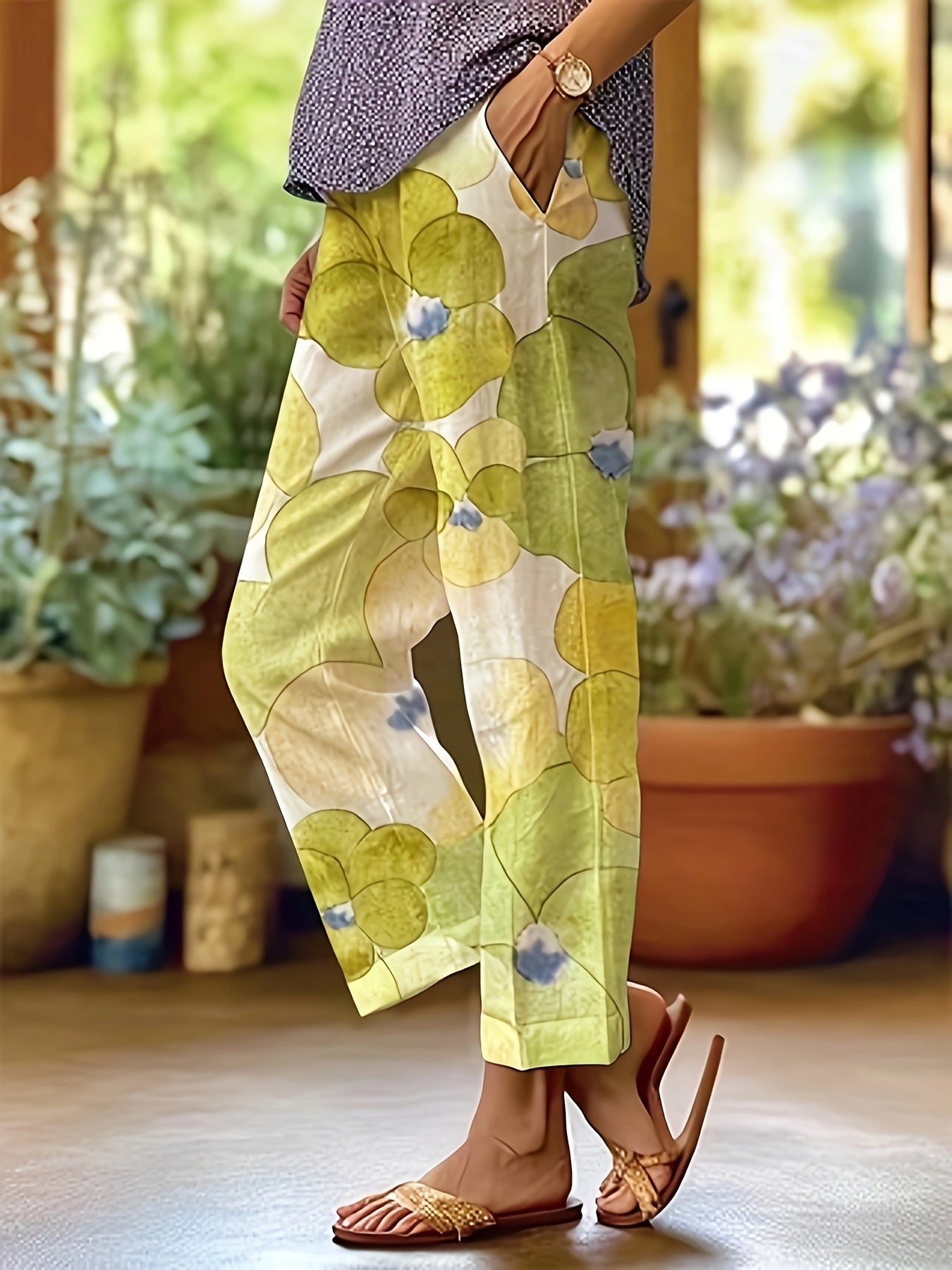 Women's Elegant Floral Print Straight-Leg Casual Pants with Pockets - Machine Washable Non-Stretch Fabric, All-Season Versatile Trousers for Casual Attire & Leisure Activities, Relaxed Activity Trousers, No Stretch Fabric