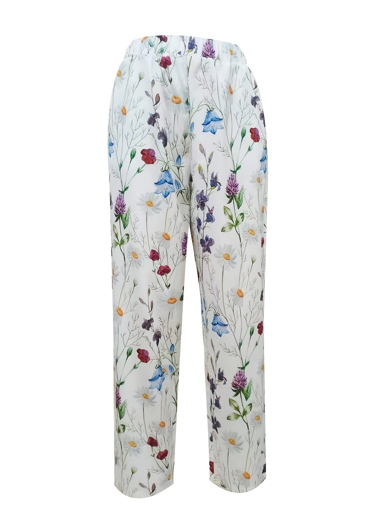 Women'S Floral Print Wide-Leg Trousers - Elastic Waist with Drawstring, Loose-Fit Trousers with Pockets, Machine Washable Polyester, All-Season Casual to Formal Trousers for Women, Vibrant Floral Print in Blue, Purple, Pink,