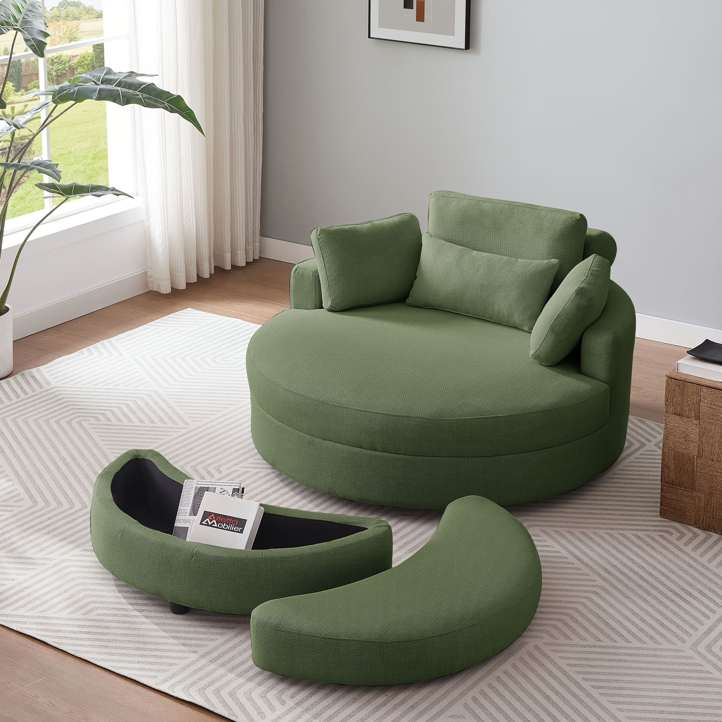 51.2" Ottoman-Shaped Cushion Chair with Storage, Linen Fabric, Includes Adjustable Headrest and Four Pillows, Large Size for Living Room/Bedroom/Office/Hotel Sofa