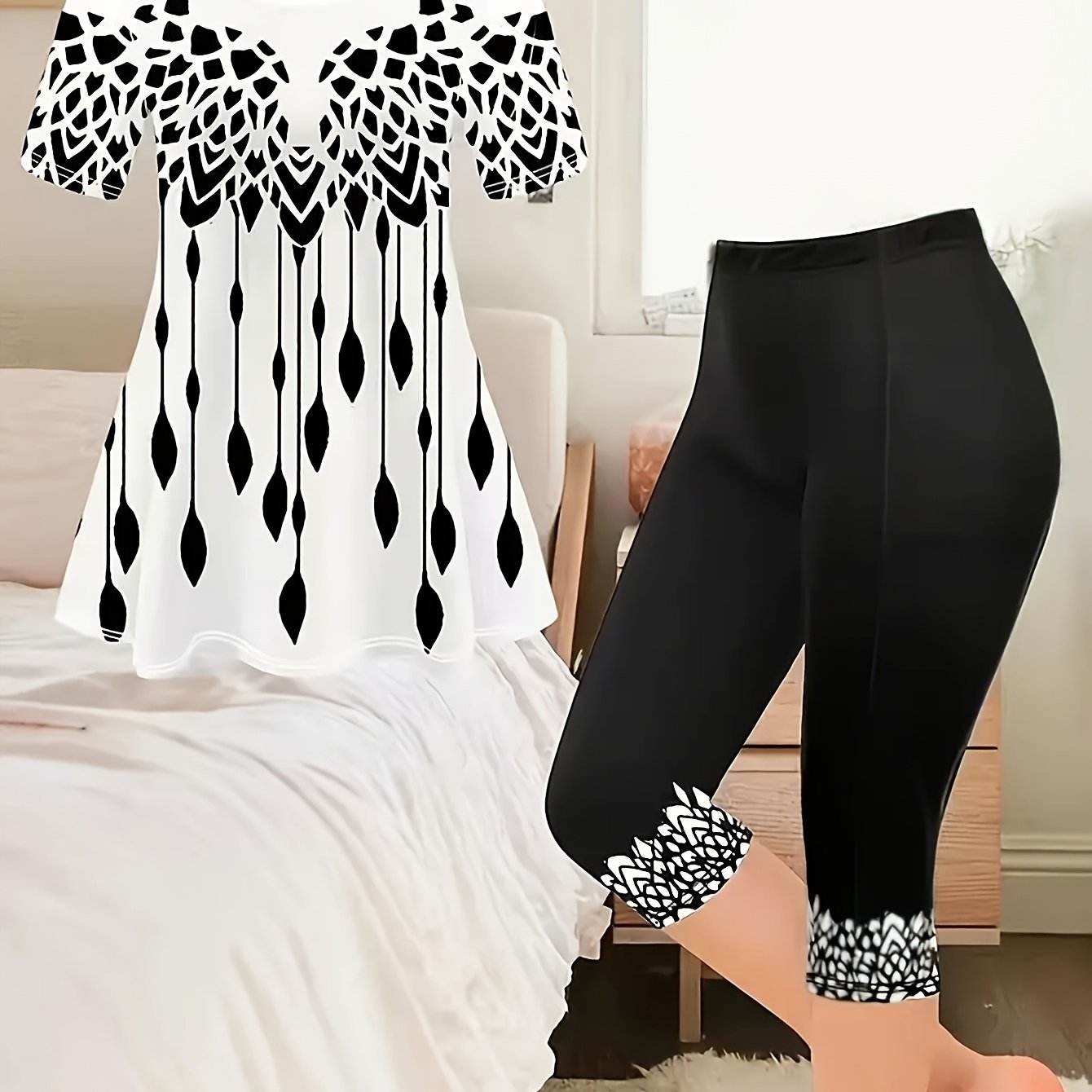Fashion Round Neck Printed Short-sleeved T-shirt with Capri Pants for Women Set