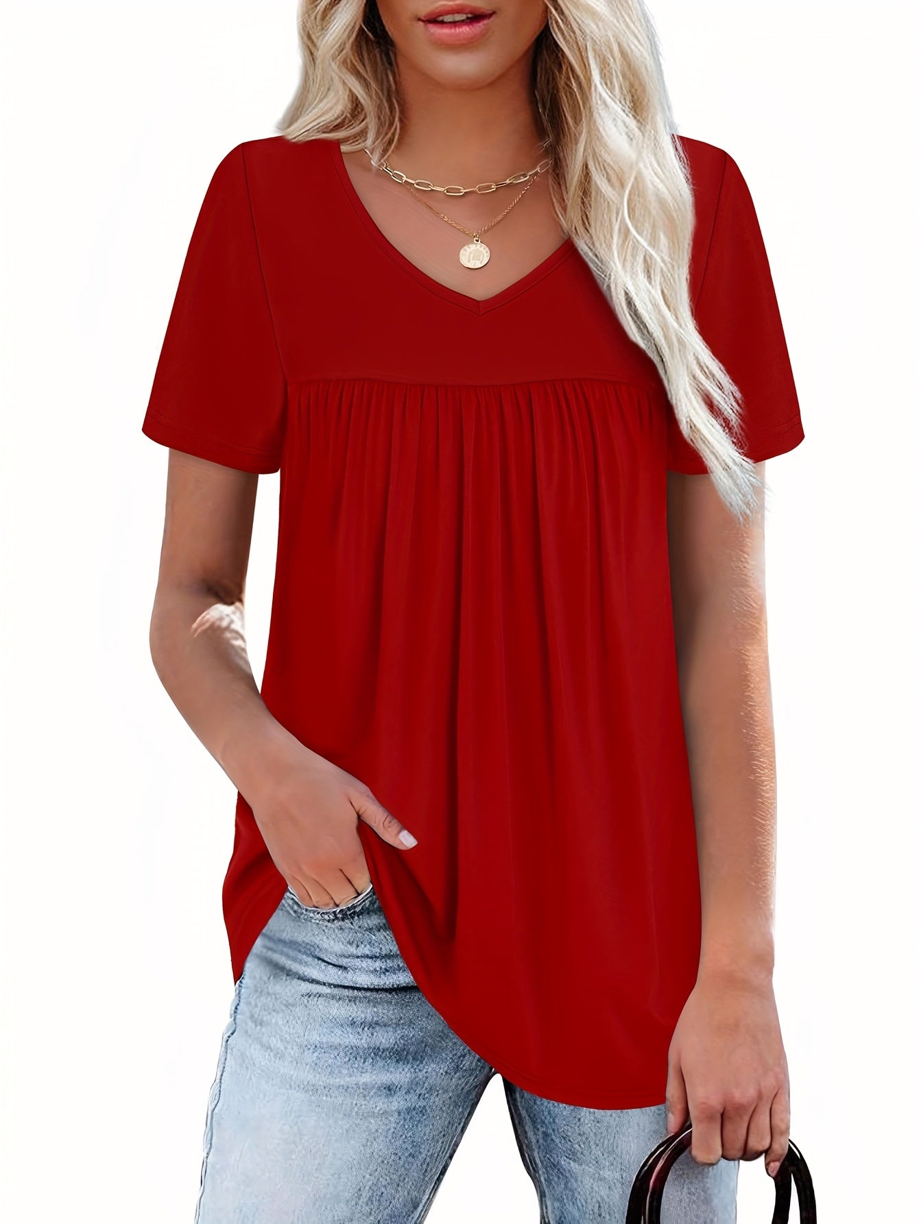 Three-Piece Women's Short Sleeve Pleated Elegant Casual V-Neck Ruffle T-Shirt Set for Spring/Summer