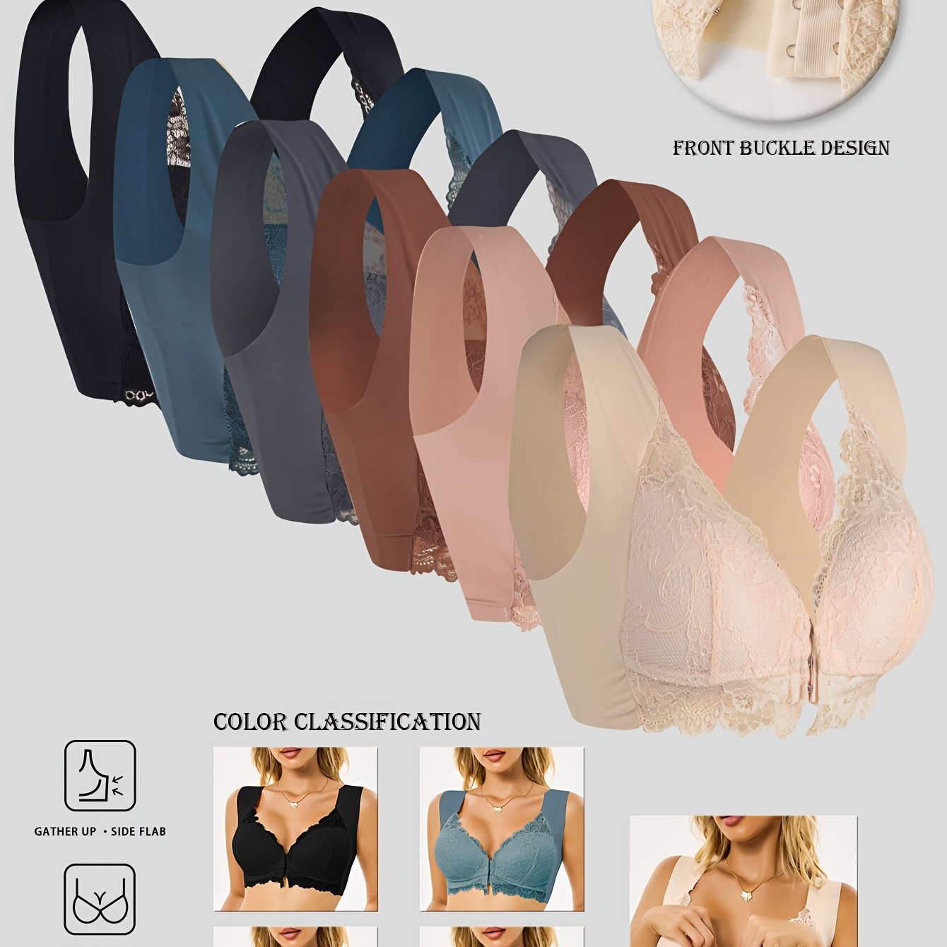 6-pack Front Clasp Push-up Bra Lace Stitching Beautiful Back Seamless Design Yoga/office All-day Comfort