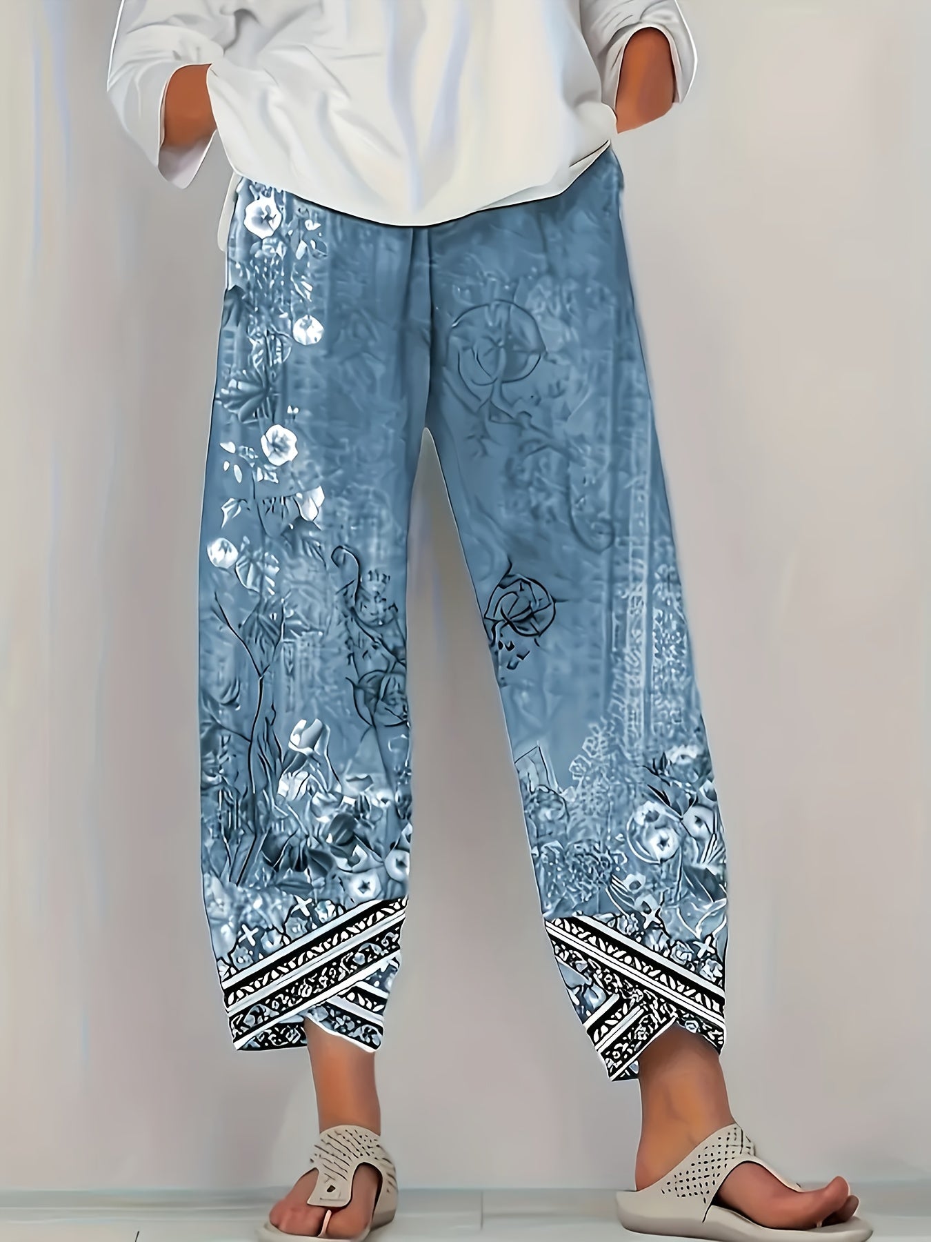 Women'S Retro Floral Capri Pants with Elastic Waistband & Pockets - Loose Fit Fabric, Beige with Black Floral Design, Perfect for Spring/Summer/Fall, Casual Wear Pants | Relaxed Fit Pants | Construction, Ladies Pants