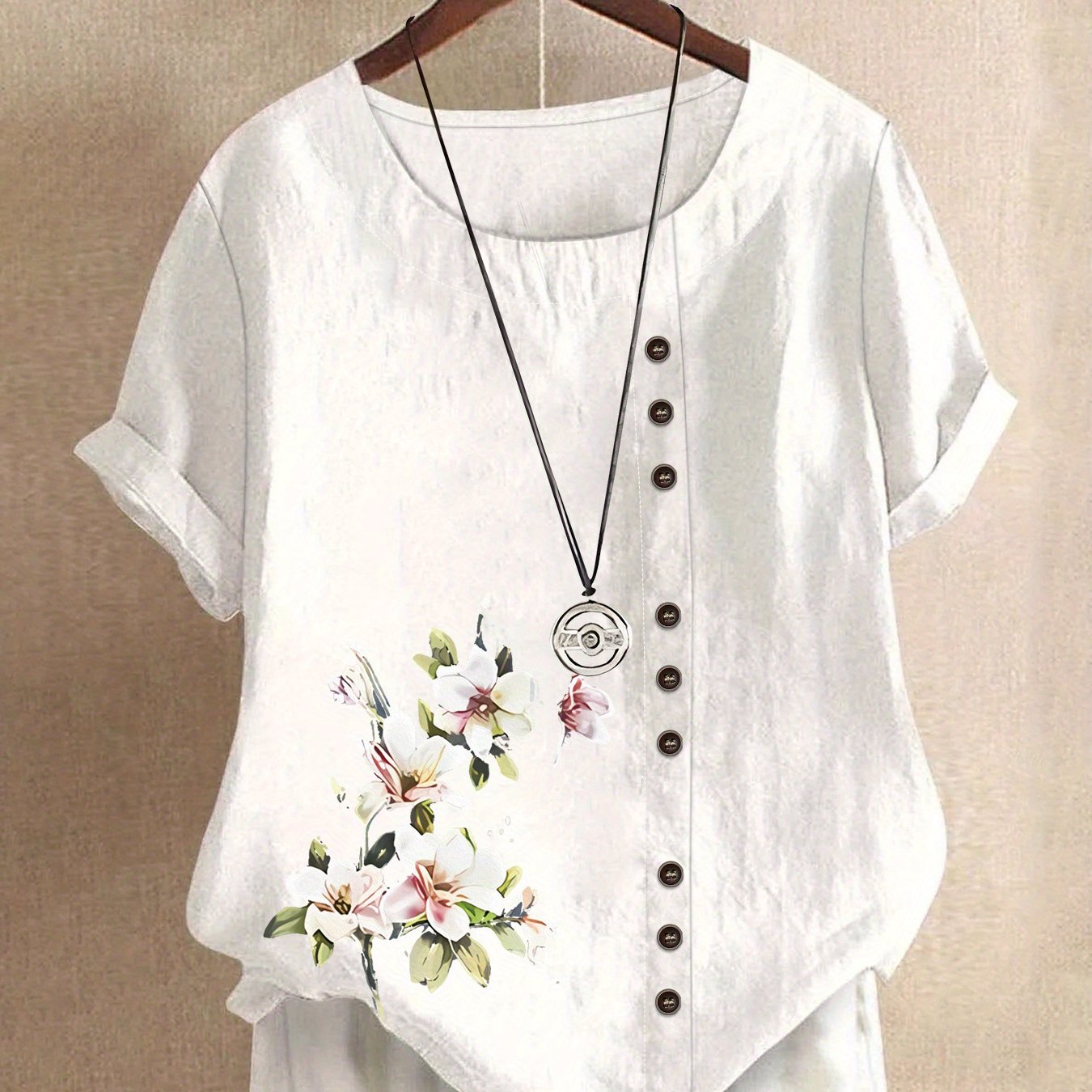 Women'S Relaxed Fit Short Sleeve Blouse with Floral Pattern - Navy Blue, Round Neck, Button-Up, Casual Style, All-Season Wear, Casual Wear Blouse | Floral Pattern Top | Durable Fabric, Ladies T Shirts