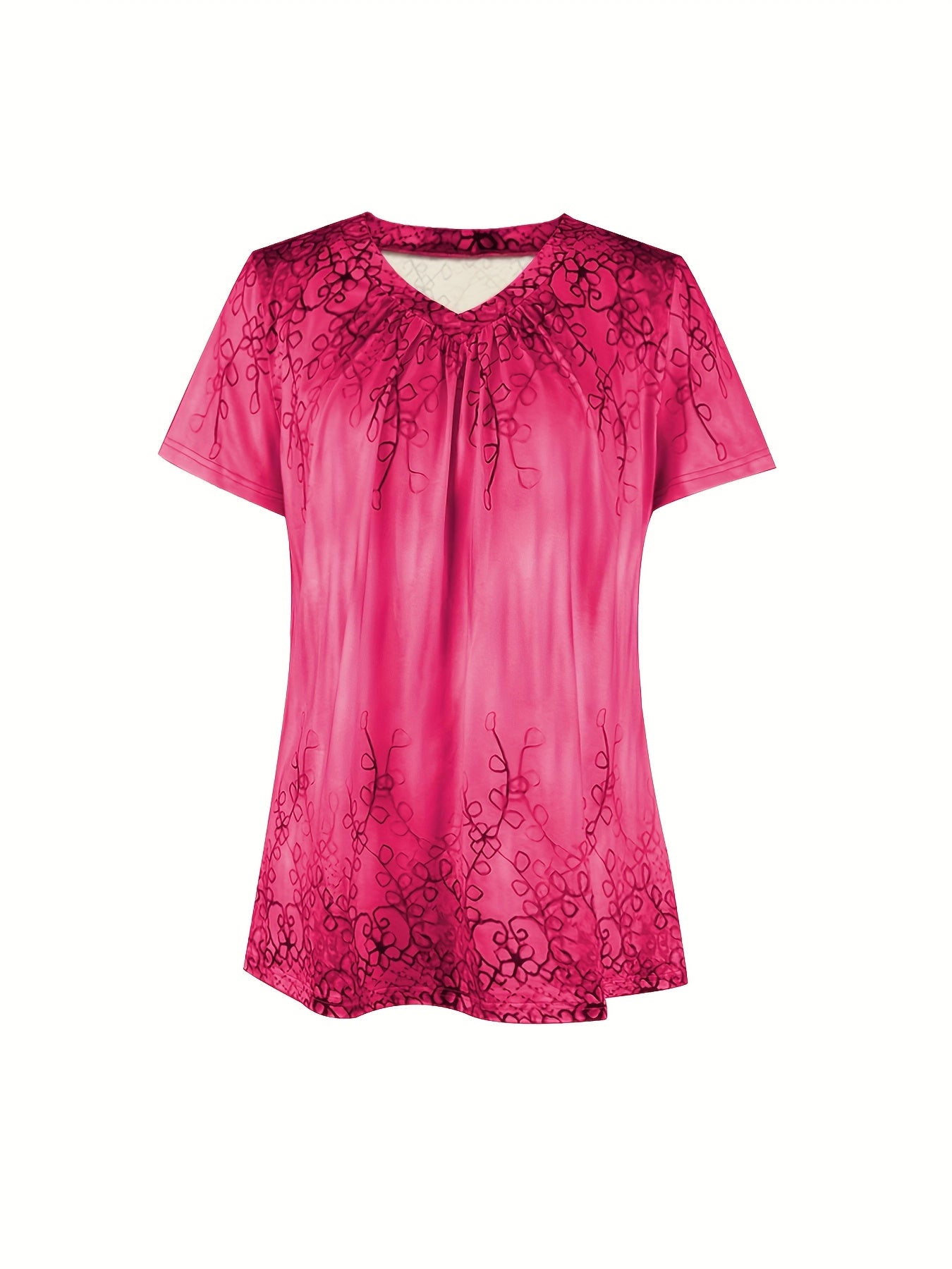 An Elegant Women'S Outfit Featuring a Botanical Print V-Neck Top with Short Sleeves, Paired with a Solid Two-Piece Set of Shorts.