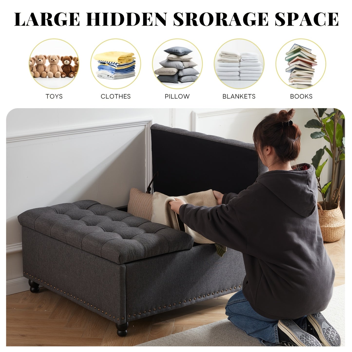 Large Square Storage Ottoman Bench, Square Tufted Upholstered Coffee Table Ottoman With Storage, Toy Box, Ottoman For Living Room, Oversized Storage Bench, Bedroom Ottoman, Entryway, Coffee Table For Living Room