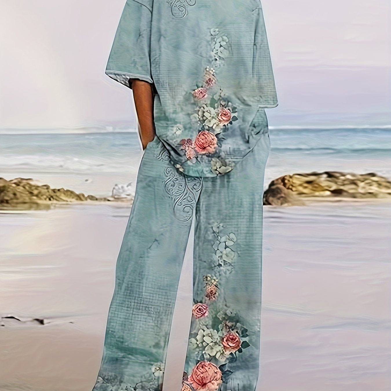 Women'S Casual Floral Print Pajama Set - Light Blue Polyester Crew Neck Top with Pink Roses Design, White Pants, All-Season Comfort, Casual Attire|Floral Print Pajama Set|Polyester Fabri