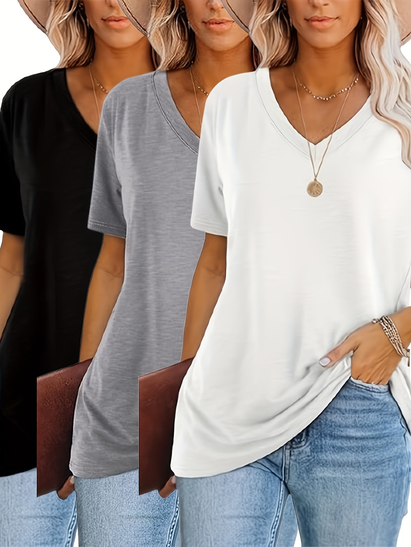 [Fashion T-Shirt] Three-Piece V-Neck Short Sleeve T-Shirt Set | 2025 European and American Fashion Casual Loose Women's