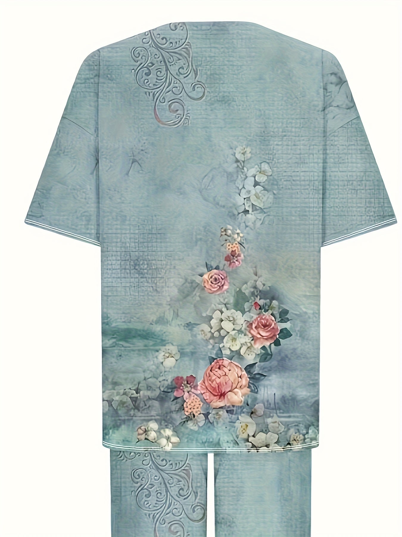 Women'S Casual Floral Print Pajama Set - Light Blue Polyester Crew Neck Top with Pink Roses Design, White Pants, All-Season Comfort, Casual Attire|Floral Print Pajama Set|Polyester Fabri