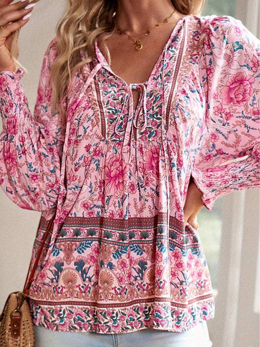 Women's Bohemian Blouse - Floral print long Sleeve top with Lace-Up Front, Adjustable Drawstring Waist, Semi-Sheer V-Neck Shirt in Pink/Blue/Purple/Red/White/, Machine Washable Boho Chic Outfit for Vacation, Festival, Everyda