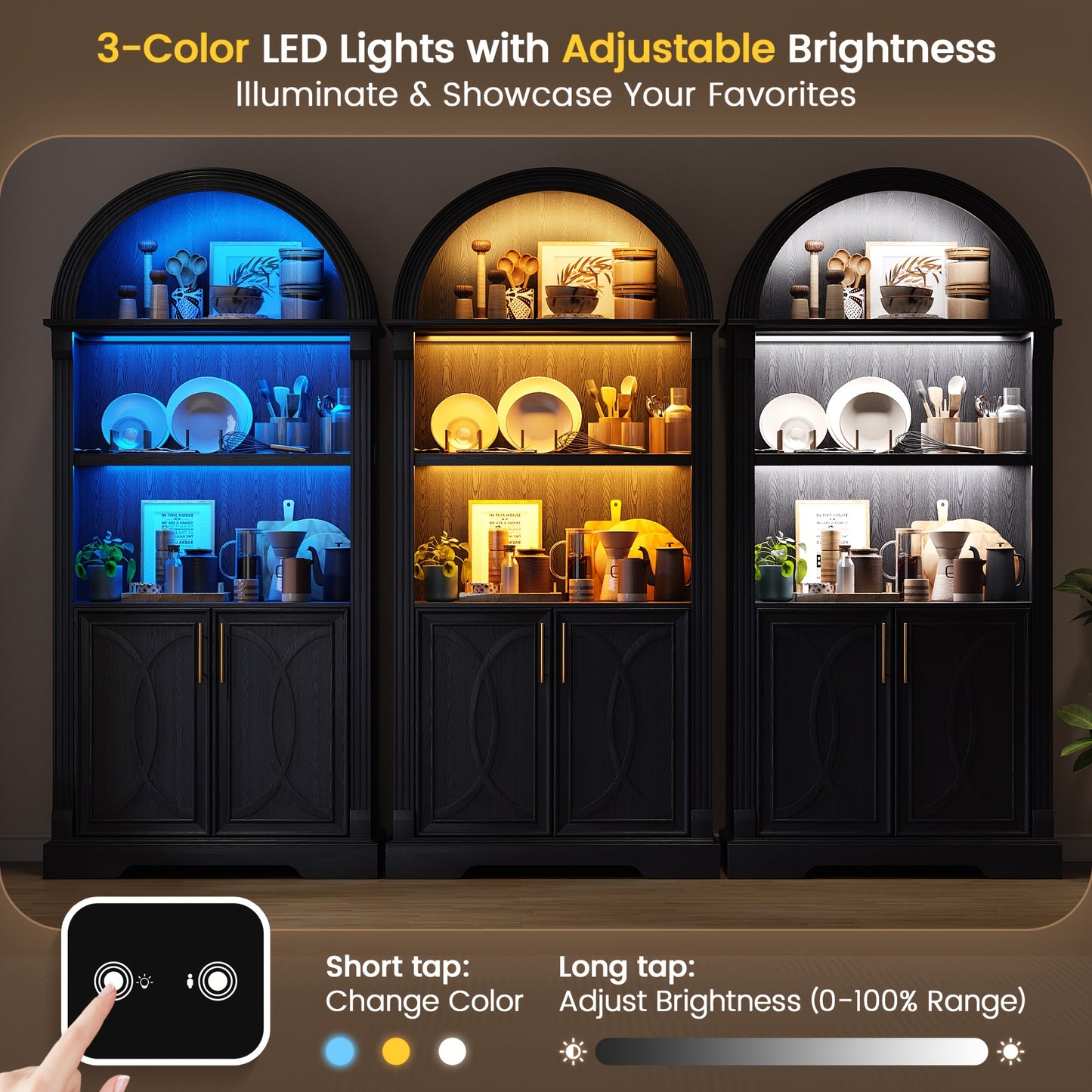 HWB 71" Tall Arched Kitchen Pantry Cabinet with LED Lights - Adjustable Shelves, Open Storage for China, Books & Kitchenware, Modern Wood Cabinet