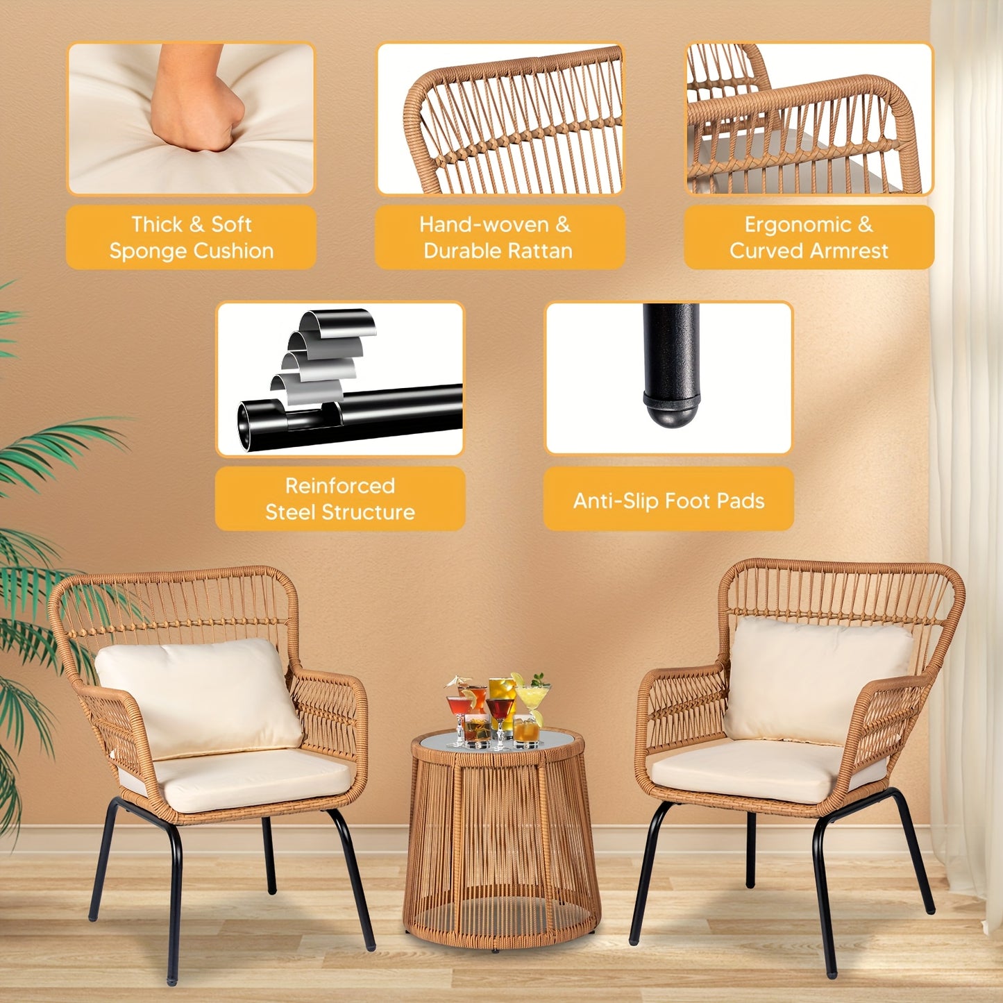 3pcs Outdoor Wicker Bistro Furniture Set, Comfortable Outside Rattan Patio Chairs And Balcony Table for Front Porch Deck Backyard And Garden