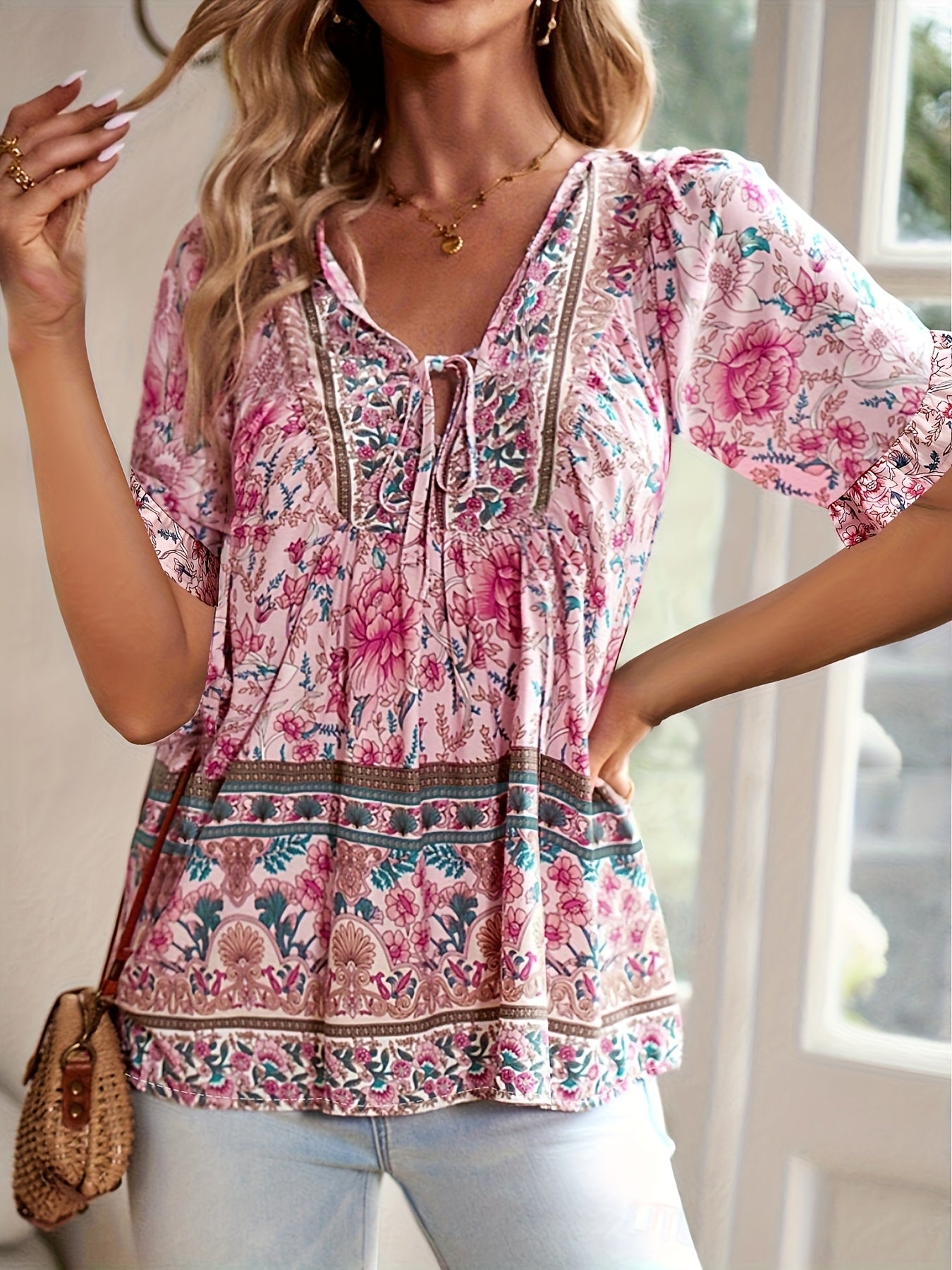 Chic and Adorable Bowknot Short Sleeve Shirt, Casual Bubble Sleeve Flared Ethnic Floral Print Women's Top for Vacation, Outings, Commuting, and Gatherings