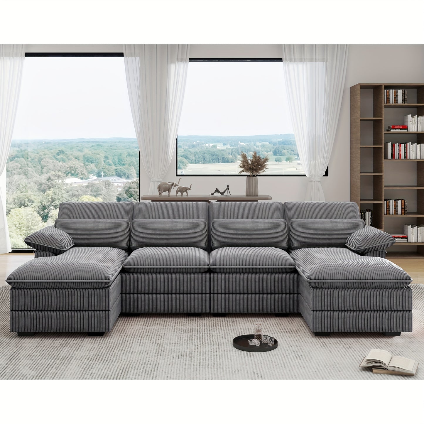[Comfort Cloud Sofa] Comfort 4 Seater U-Shape Combo Sofa, 111.8'' Modern Deep Seat Cloud Sofa with Lumbar Cushion | Corduroy Living Room Sofa for Apartments, Apartment Homes