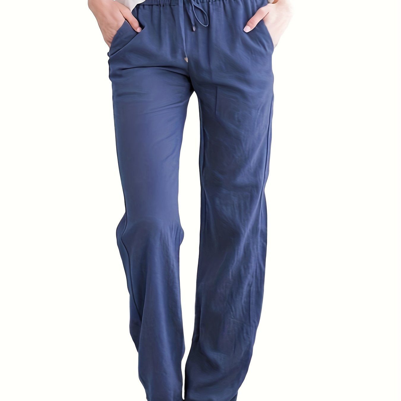 Women's Casual Solid Color Trousers with Pockets & Adjustable Drawstring Waist - Loose Fit Lightweight Pants for Spring Summer Fall, Machine Washable for Daily Commuting & Casual Outings, Flexible Clothing, Stylish Simplicity