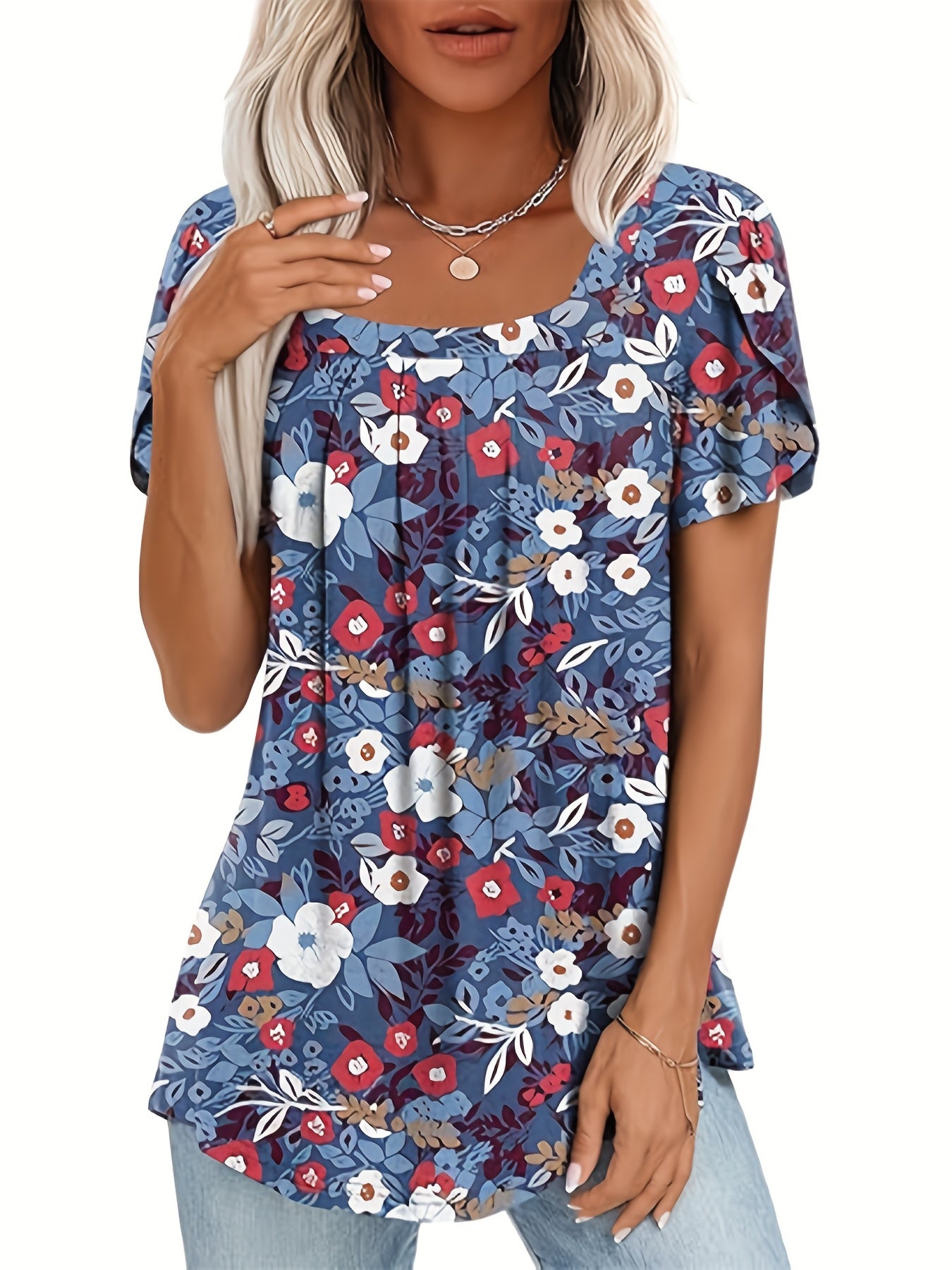 [Soft Polyester T-Shirt] Soft Polyester Women's Elegant Casual Short Sleeve T-Shirt | Square Neck Top with Chest Ruching & Floral Print Petal Sleeves, Relaxed Fit Machine Washable Spring Summer Blouse