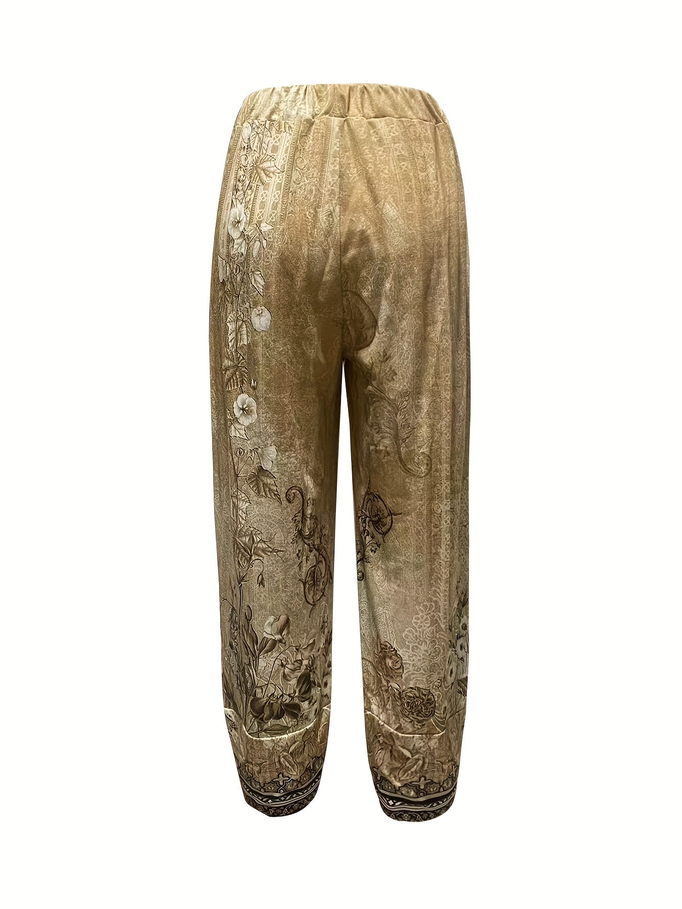 Women'S Retro Floral Capri Pants with Elastic Waistband & Pockets - Loose Fit Fabric, Beige with Black Floral Design, Perfect for Spring/Summer/Fall, Casual Wear Pants | Relaxed Fit Pants | Construction, Ladies Pants