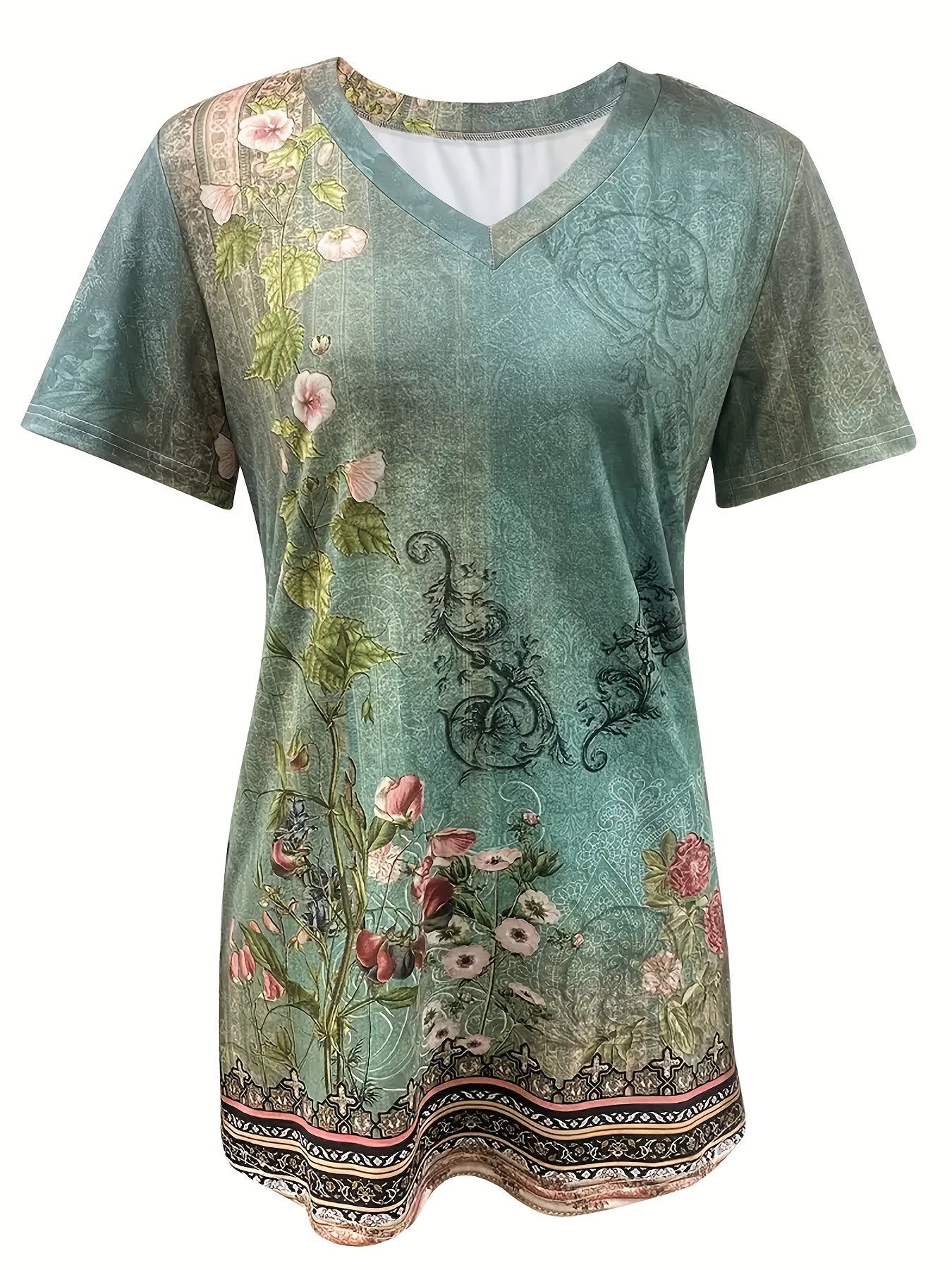 Fashion Loose Floral Casual Suit for Women, V-neck Short-sleeved T-shirt And Shorts Two-piece Set.