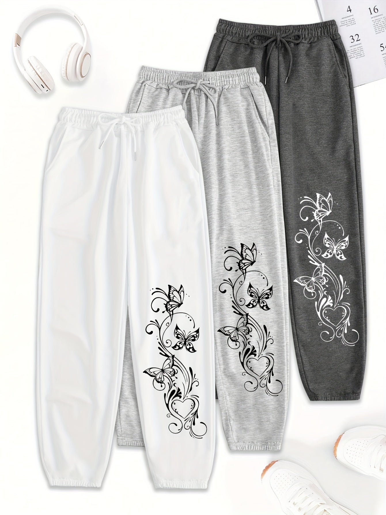 Women's 3-Pack Polyester Drawstring Sweatpants with Pockets - Loose Fit Casual All-Season Knit Joggers with Floral Print Detail