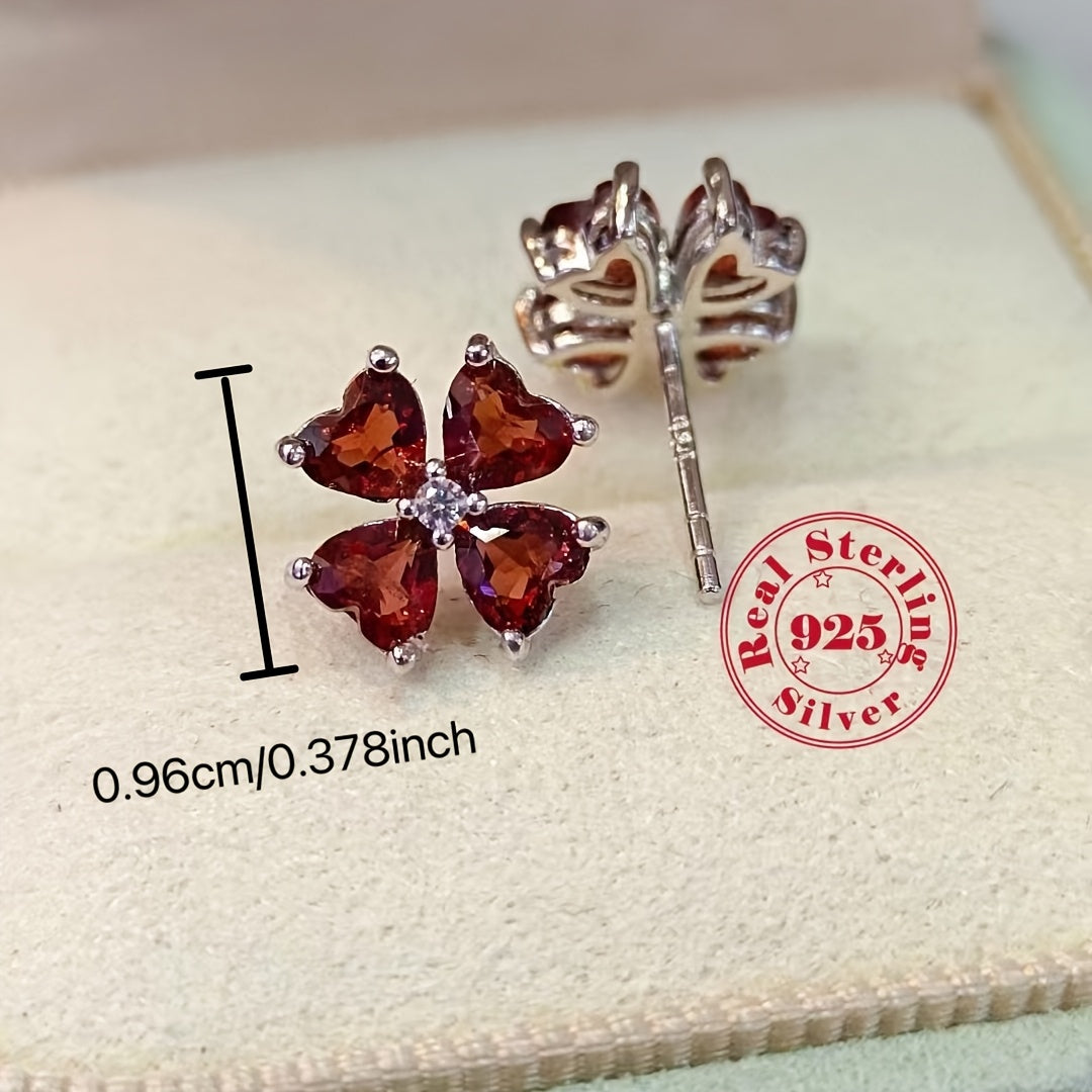 1 Pair Garnet Four-Leaf Clover Earrings, 18K Golden Plated, Boho Cute Style, Natural Stone, 925 Sterling Silver Post, January Birthstone, Anniversary Gift, Valentine'S Day Jewelry, All-Season Suitable