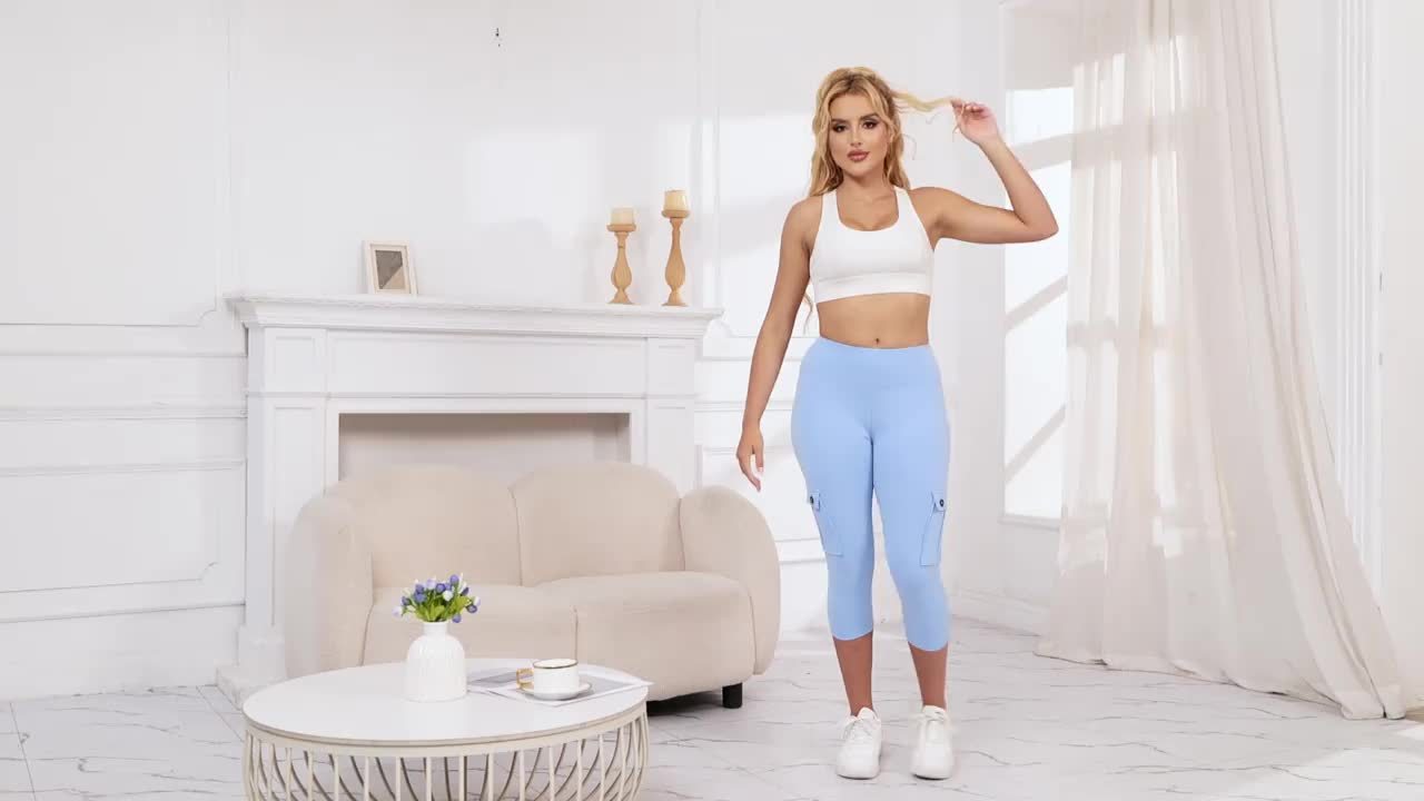 3pcs Women'S High-Waisted Yoga 7/10 Pants with Pockets - Stretch Running And Sports Leggings, Button Design, Solid Color, Comfortable Polyester Blend Fabric.