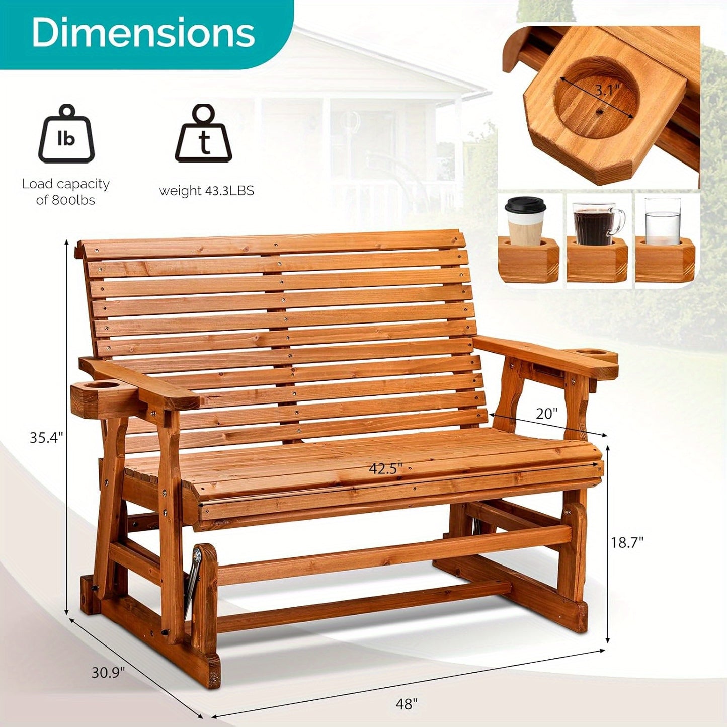 [Wood Patio Glider Bench] Heavy Duty 800 LBS Outdoor Glider Bench Wood Patio Glider with Cup Holders, Porch Glider Chair Outdoor Bench Glider Loveseat with Smooth Rocking Mechanism