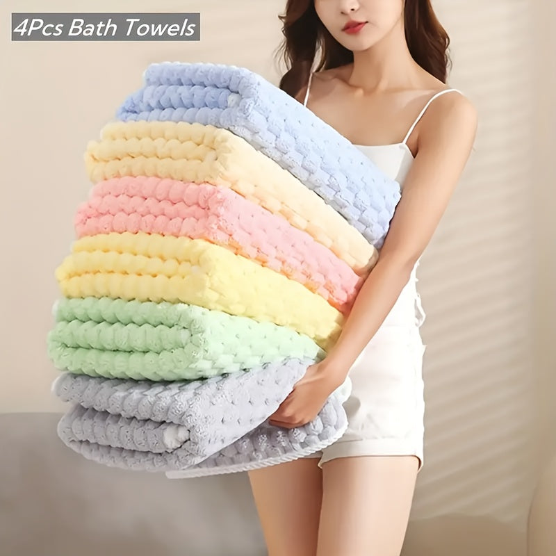 4pcs Waffle Weave Bath Towel Set, Super Absorbent Microfiber Towels, Quick-Dry Textured Towels, Soft Spa & Fitness Towels, Durable for Everyday Use, with Polyester 85%, Nylon 15% - Contemporary Geometric-Pattern Oblong Towel