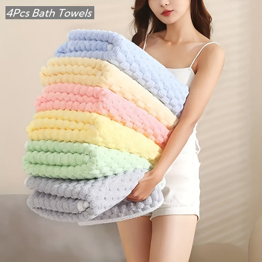 4pcs Waffle Weave Bath Towel Set, Super Absorbent Microfiber Towels, Quick-Dry Textured Towels, Soft Spa & Fitness Towels, Durable for Everyday Use, with Polyester 85%, Nylon 15% - Contemporary Geometric-Pattern Oblong Towel