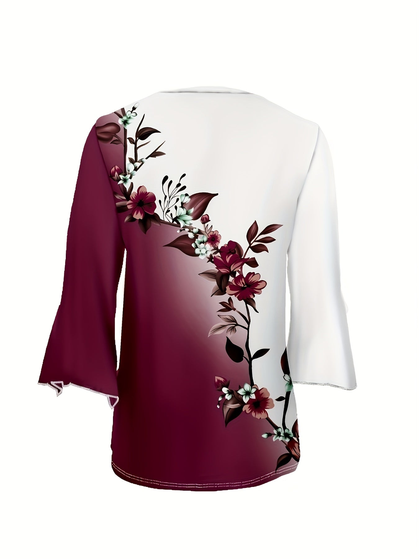 Elegant V-Neck Blouse with Floral Print - White to Maroon Gradient, Long Sleeves, Ruffled Hem, Women'S Fashion Top for Casual or Formal Wear, Versatile Clothing | Vneck Blouse | Ruffled Hem Top