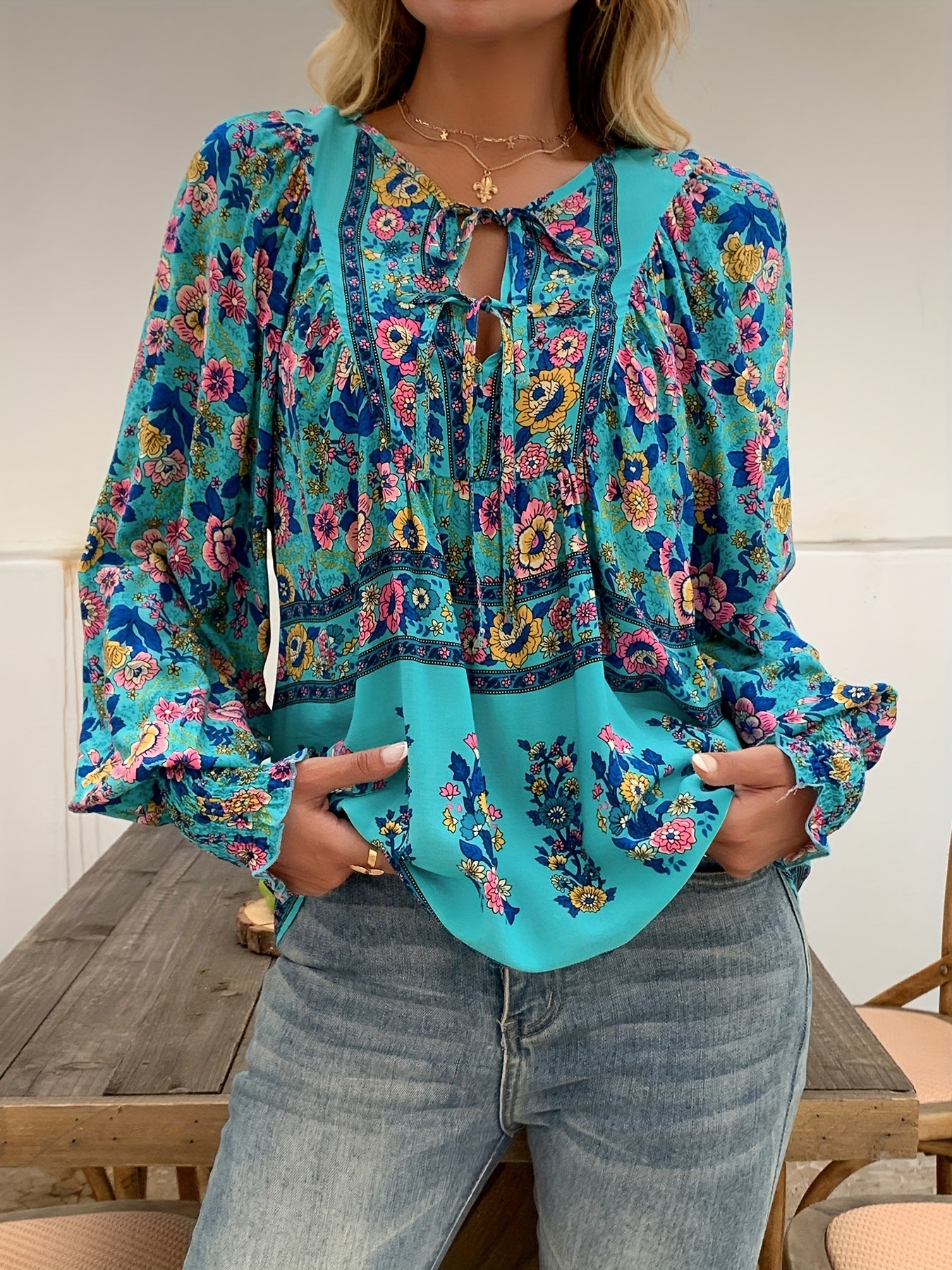 ZAFUL Women's Bohemian Floral Print Shirt - Loose V-Neck Lace-Up Long Sleeve Top with Adjustable Drawstring Cuffs, Lightweight Machine-Washable Fabric for Spring Summer Fall, Casual Vacation & Casual Attire, Cute Long Sleeve