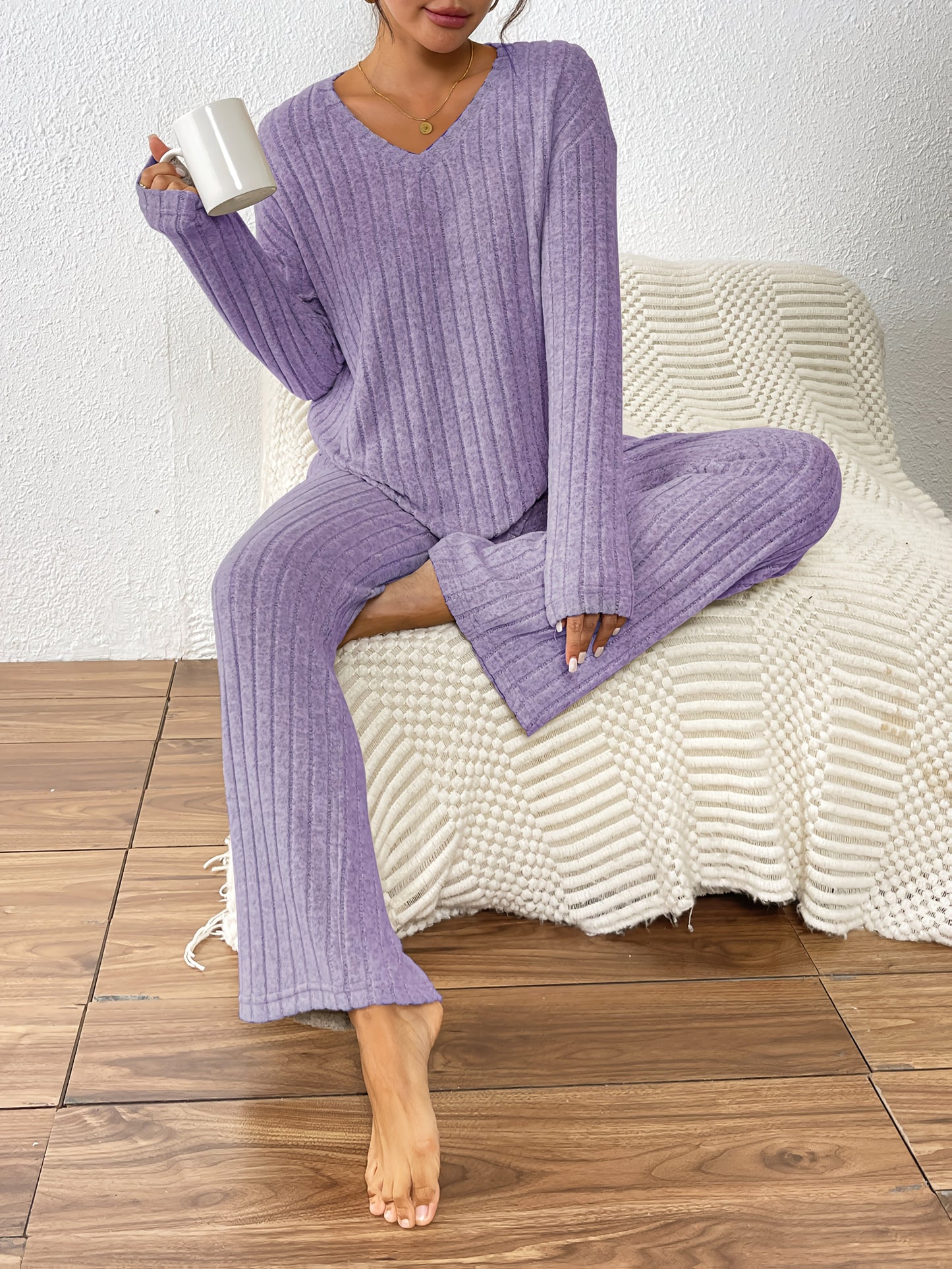 Cozy Ribbed V-Neck Top & Wide-Leg Pants Set - Soft Purple, Long Sleeve, Loose Fit, Perfect for Fall/Winter, Casual Wear|Vneck Top|Ribbed Texture