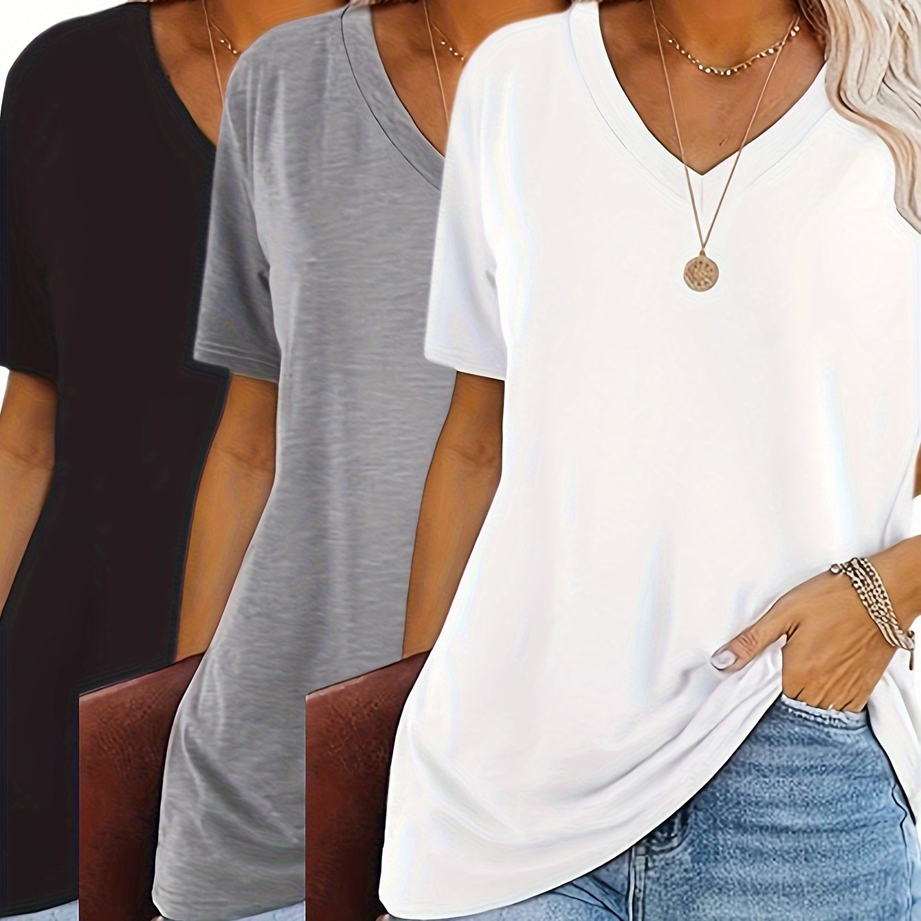 2025 European and American fashion casual loose printed V-neck T-shirt three-piece set