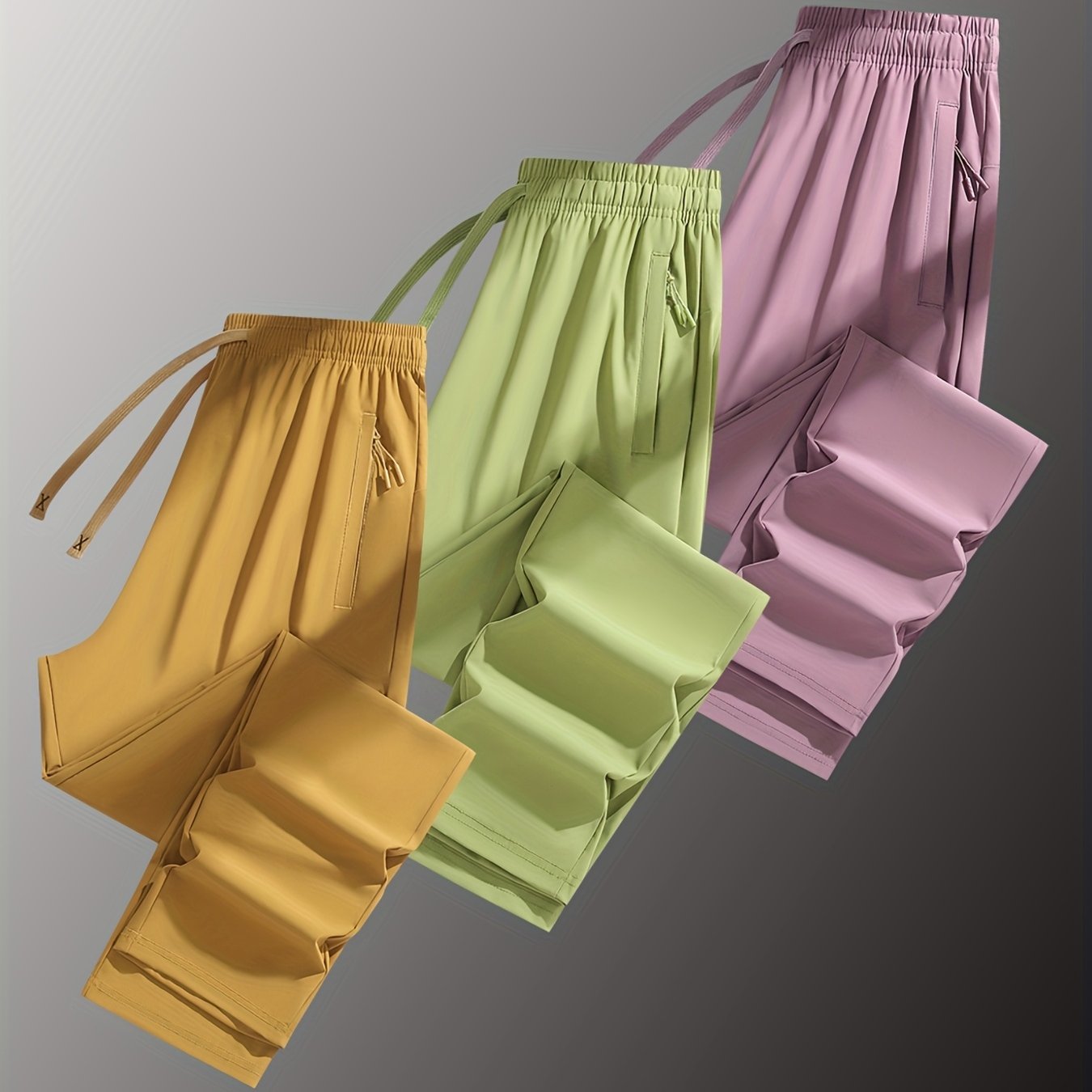 Three Pairs of Summer Women's Solid Color Long Pants with Elastic Drawstring Waist, Hidden Zipper Pockets, Nylon-Spandex Blend for Stretchy Straight-Leg Fit, Quick-Dry Fabric, Suitable for Daily Outings, Leisure, And Workouts