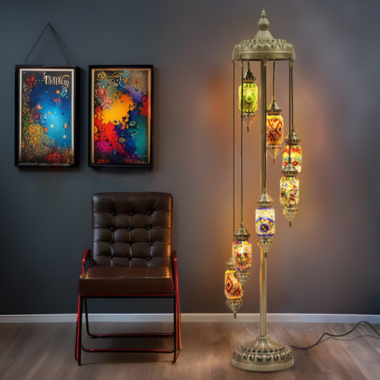 Exquisite Turkish Mosaic Floor Lamp with Handmade Stained Glass Bohemian Design, 5 or 7 Shades 52" or 68" Height E12 Bulb, Premium Dyed & Polished Glass, Vintage Ethnic Decor for Living Room, Bedroom & Gifts