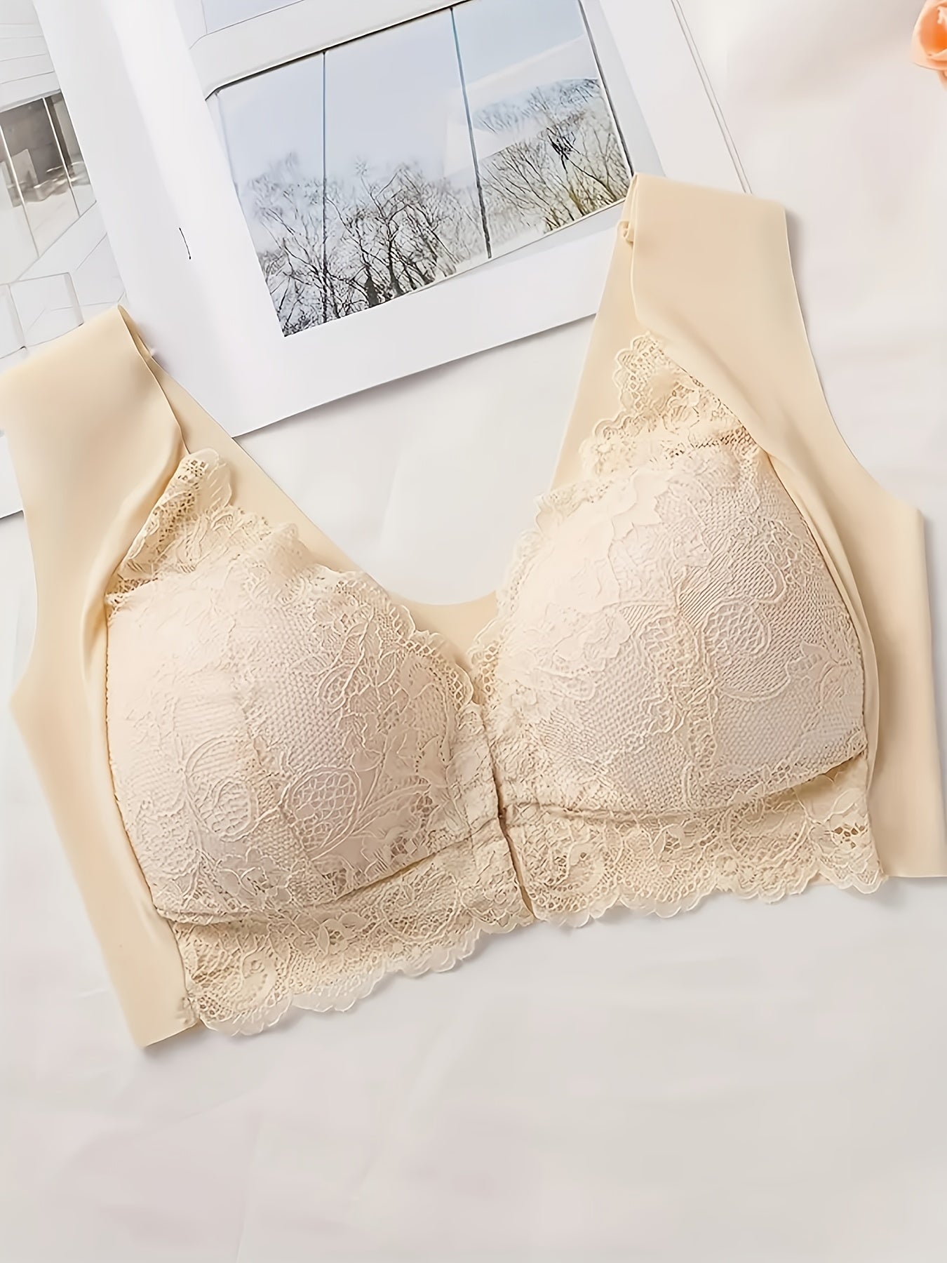 6pcs Women's Front-Closure Wireless Push-Up Bras, Floral Lace Bralette with Wide Comfort Straps & Back Smoothing, Seamless Breathable Fixed Cups for Daily Wear, Lifting Support Comfortable Lounge Underwear Set