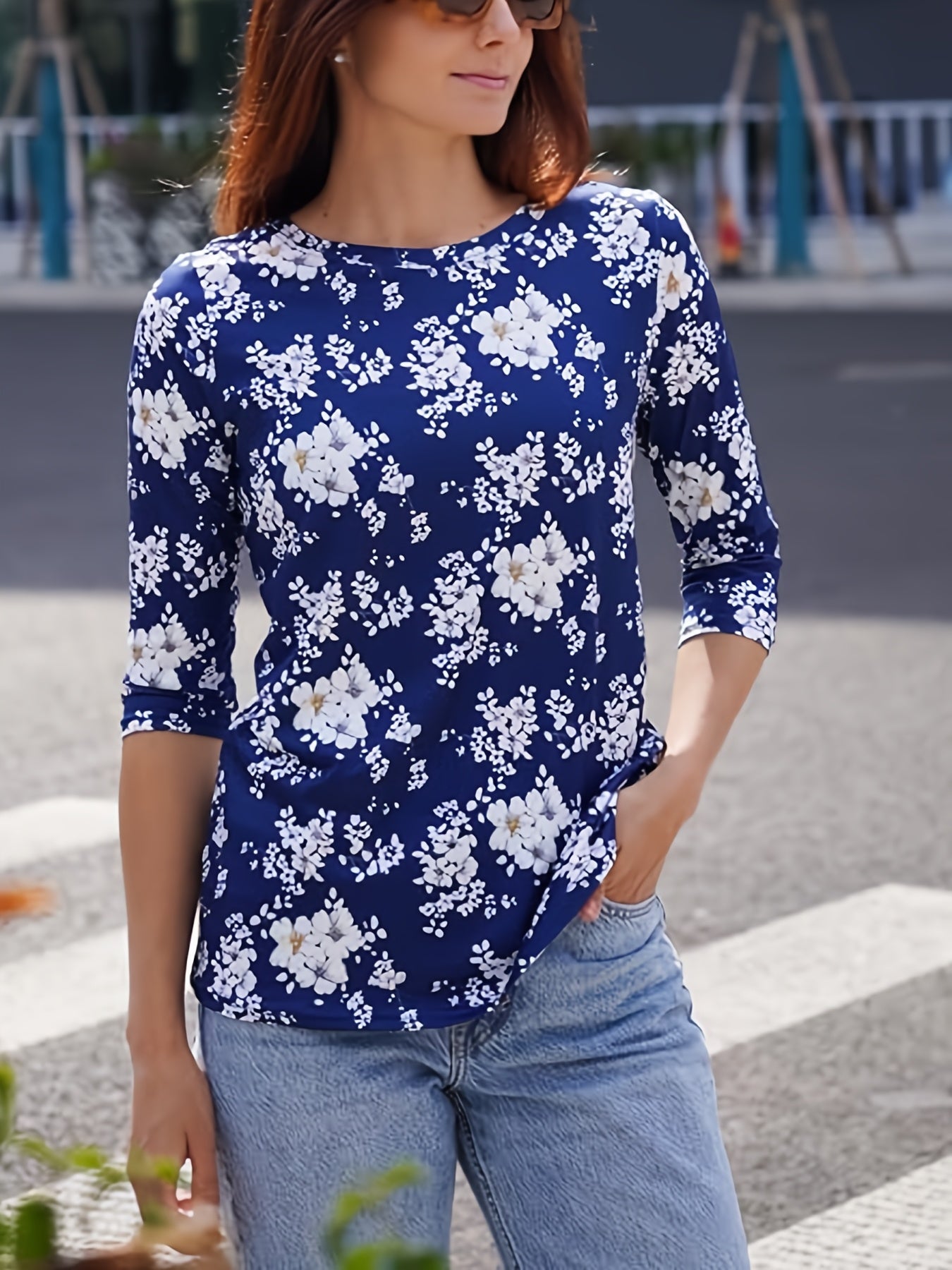 Women'S Casual Three-quarter Sleeve Top Round Neck Casual Printed T-shirt