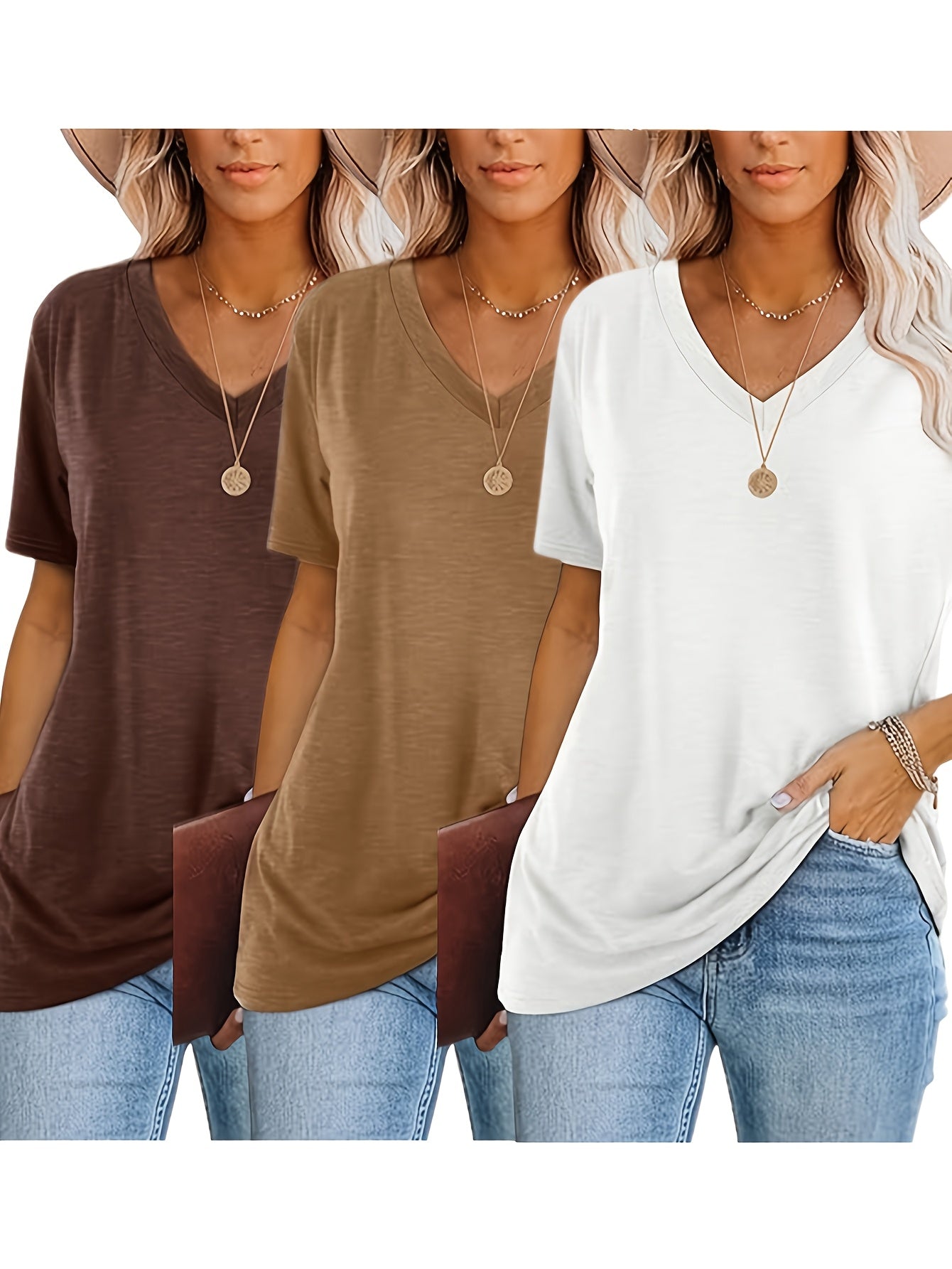 [Fashion T-Shirt] Three-Piece V-Neck Short Sleeve T-Shirt Set | 2025 European and American Fashion Casual Loose Women's