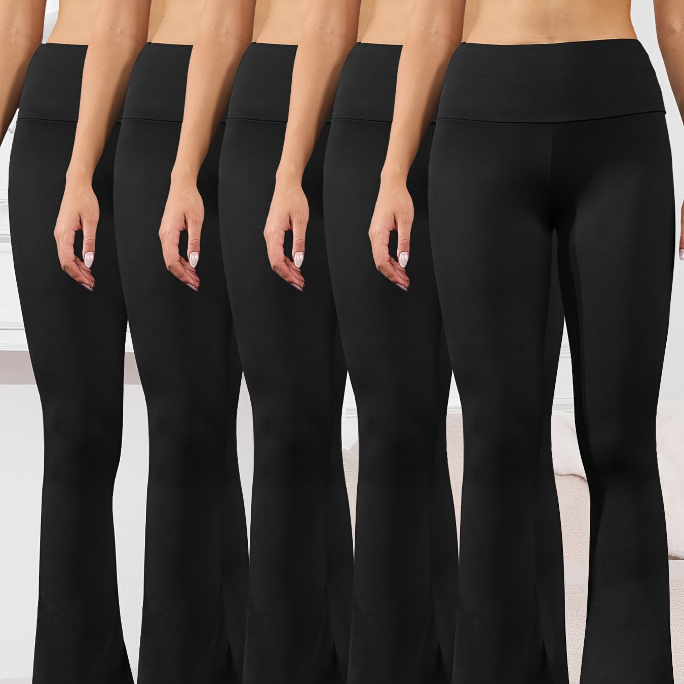 5pcs Women's Ultra-Soft High-Waist Flare Leggings - Tummy Control, Stretchy Bootcut Pants for Cycling & Sports, Available in 2 Colors