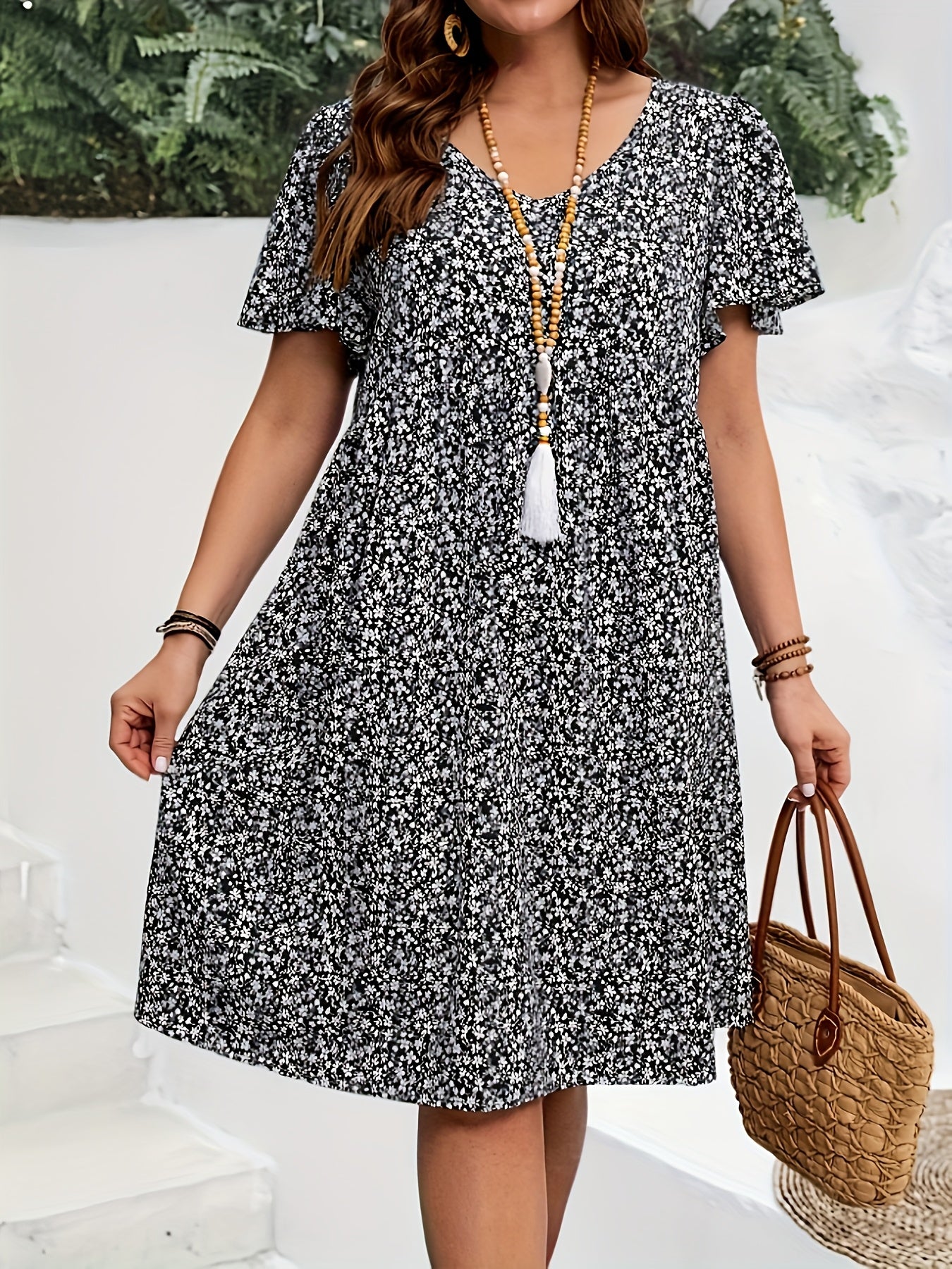 [Boho Chic Dress] Bohemian Floral Ruffle Sleeve Festival Dress | Women's Summer Casual Wear, Boho Chic Style, Feminine Dress, Trendy Fashion, Delicate Details, Stylish Construction, Loose Fit, Adult Clothing, Fashion Lovers